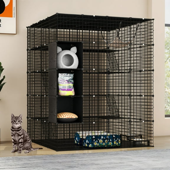 Uforic 69" Large Cat Cage, 5 Tier Indoor Cat Enclosures with Large Hammock, DIY Cat Playpen Metal Kennel for 1-4 Cats,55"L x 55"W x 69"H,Black