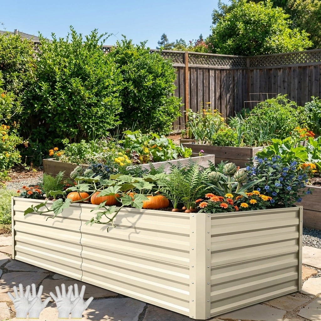 Uforic 6X3X2FT 1 Pack Galvanized Metal Raised Garden Bed Kit with Gardening Gloves & Support Rod, Outdoor Above Ground Planter Box for Plants Vegetables Flowers, Cream White