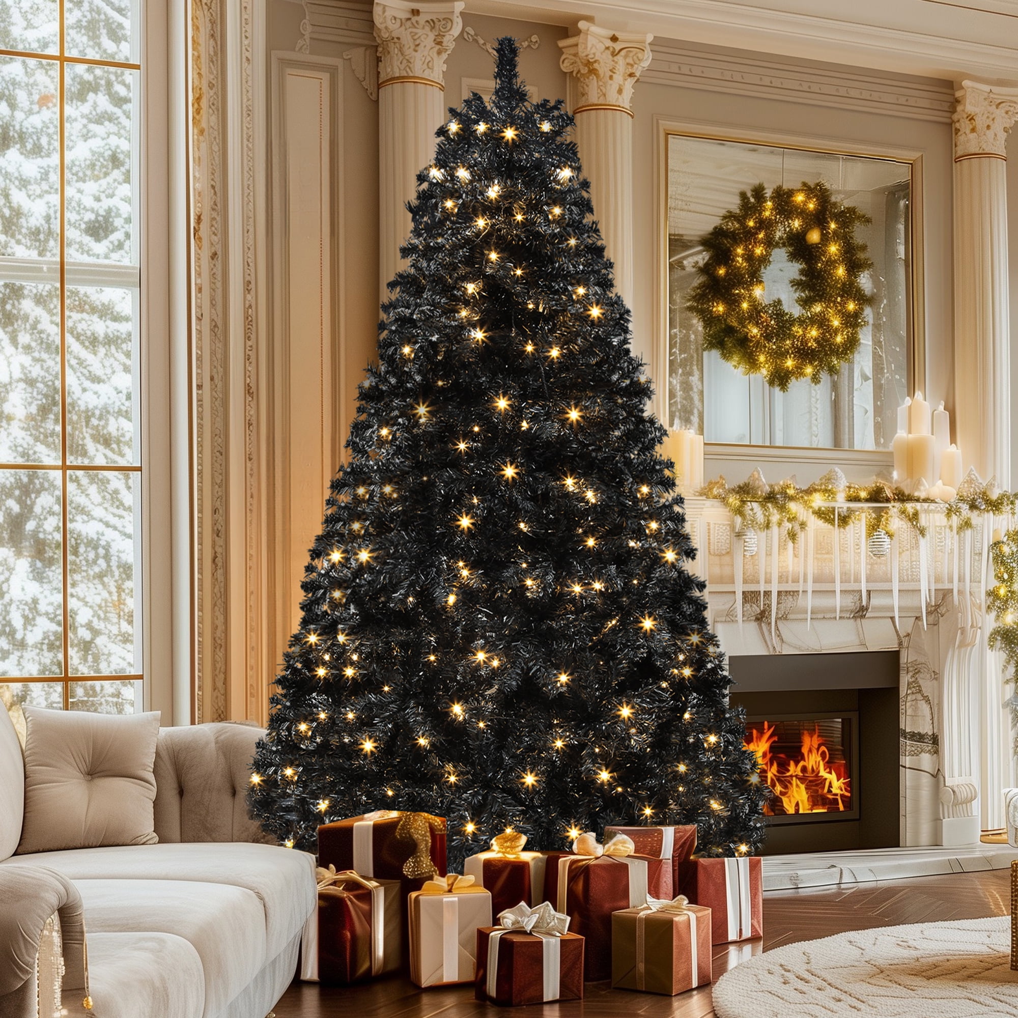 Uforic 6ft Pre-Lit Artificial Christmas Tree,Hinged Black Halloween Christmas Tree with 818 Branch Tips and 250 Lights,Black