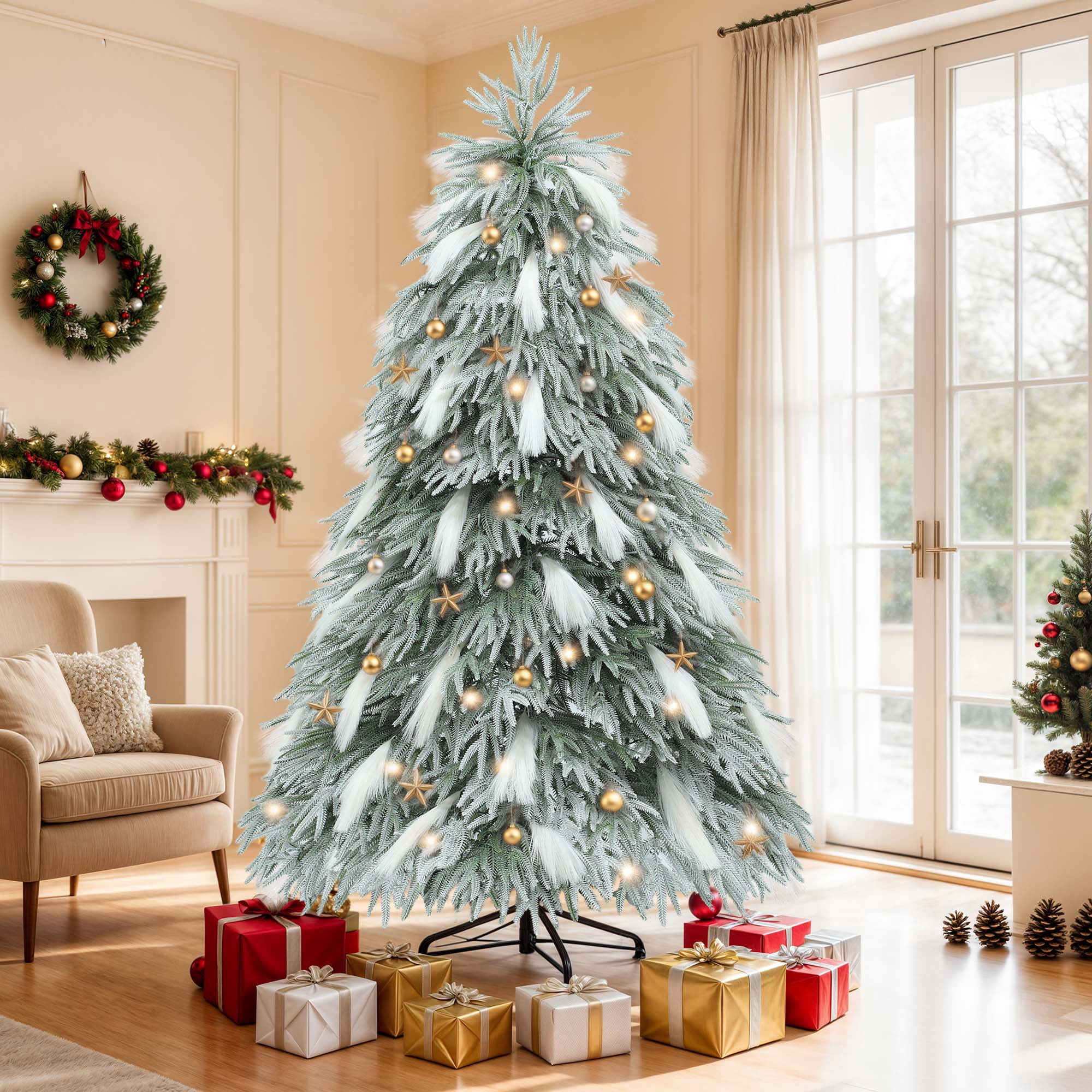 Uforic 6ft Pre-Lit Flocked Natural Drooping Pampas Christmas Tree with 30 Feathers, 355 Branch Tips and 400 Lights, for Home, Office, and Party Decor