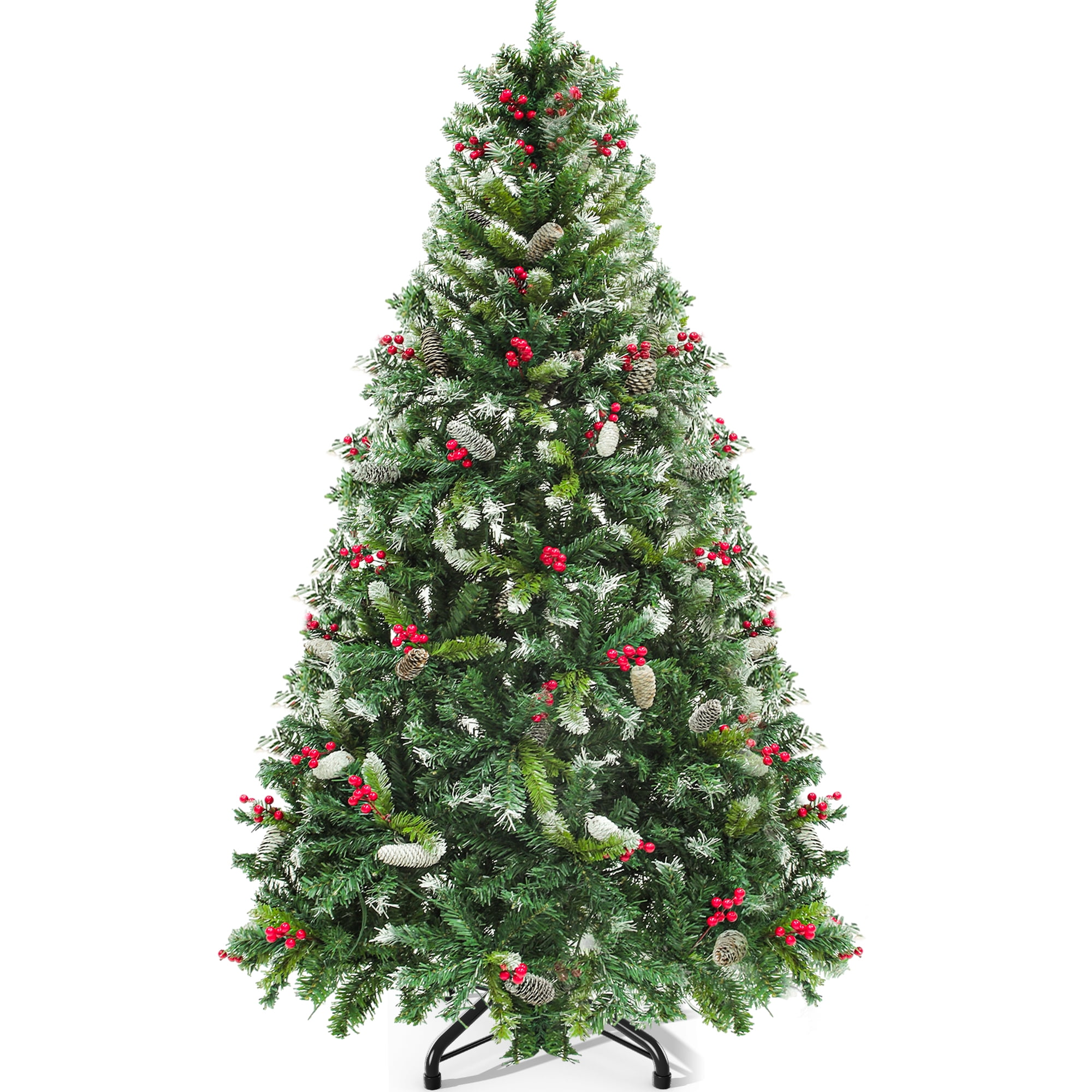 Uforic 6ft Pre-Lit Frosted Pine Christmas Tree with Pine Cones and Red Berries, 818 Branch Tips, 250 LED Lights