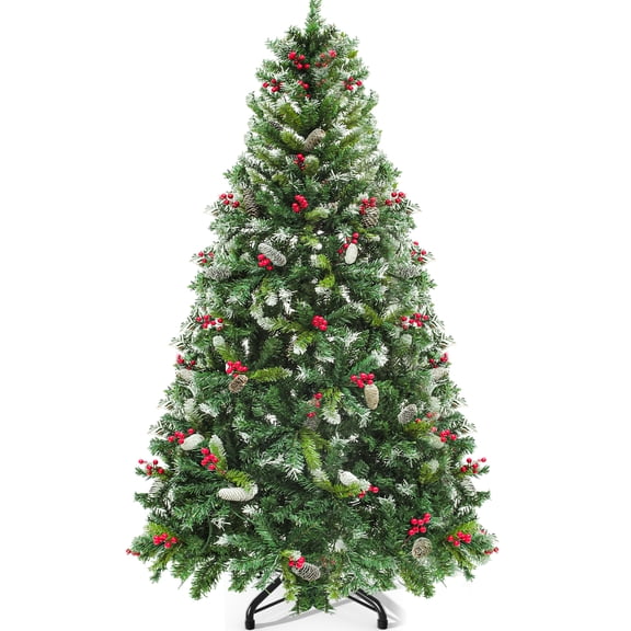 Uforic 6ft Pre-Lit Frosted Pine Christmas Tree with Pine Cones and Red Berries, 818 Branch Tips, 250 LED Lights