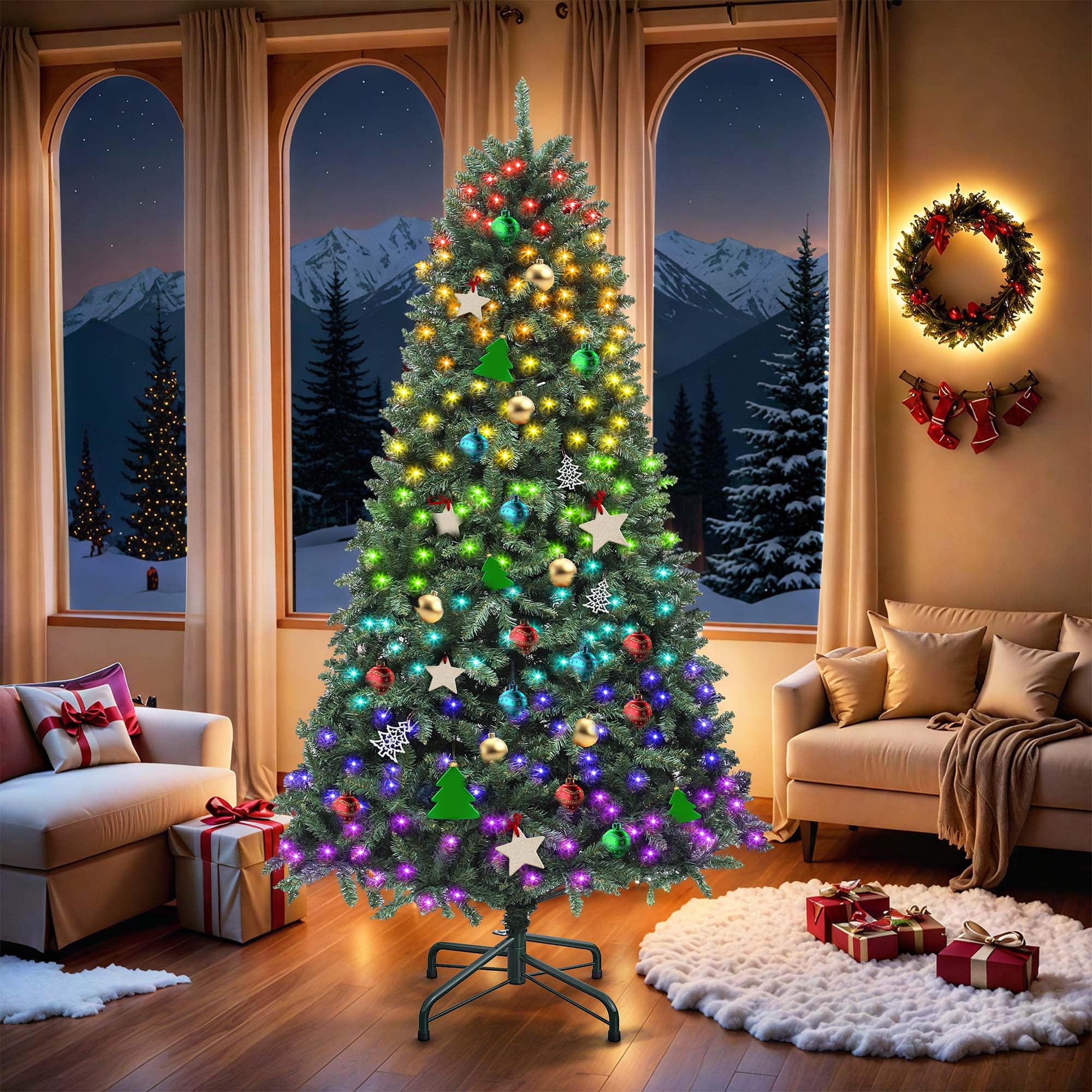 Uforic 6ft Pre-Lit Hinged Artificial Christmas Tree with 1399 Branch Tips & 300 LED Lights, Remote & RGB Smart Control, Green