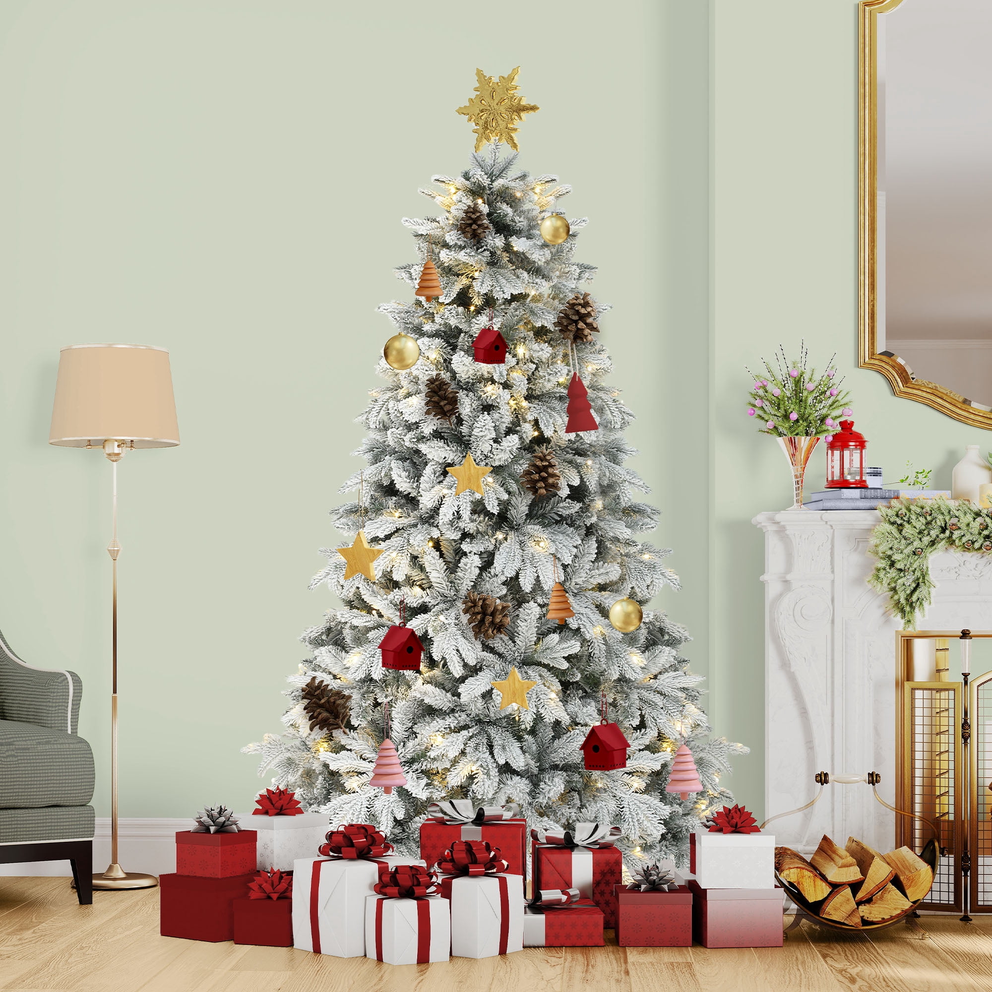 Uforic 6ft Pre-Lit Hinged Flocked Artificial Christmas Tree with 1225 PE & PVC Mixed Tips & 260 Lights, Canaan Fir Christmas Tree, Remote Control, 11 Light Modes, White Flocked