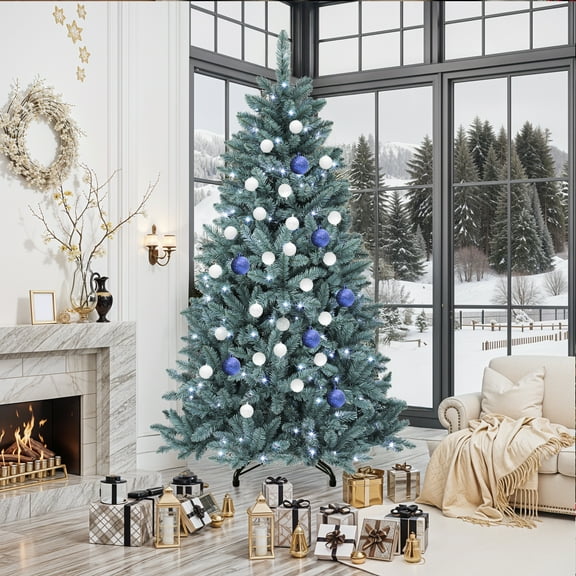Uforic 6ft Pre-Lit Hinged Spruce Artificial Christmas Tree with 880 PVC Branch Tips & 450 Lights, Blue