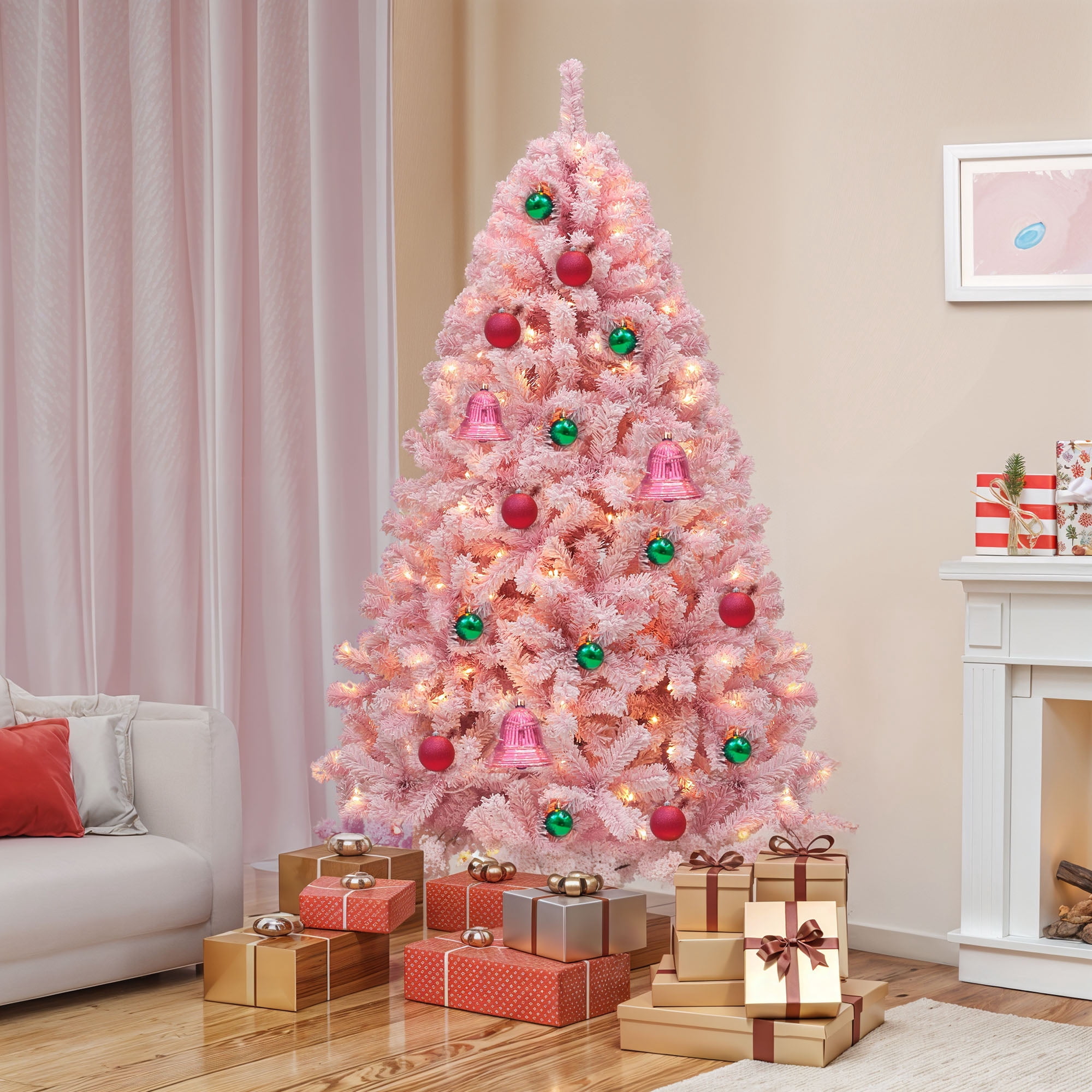 Uforic 6ft Pre-Lit Pink Artificial Christmas Tree, Flocked Spruce Artificial Christmas Tree with 928 PVC Tips and 250 Lights, Pink