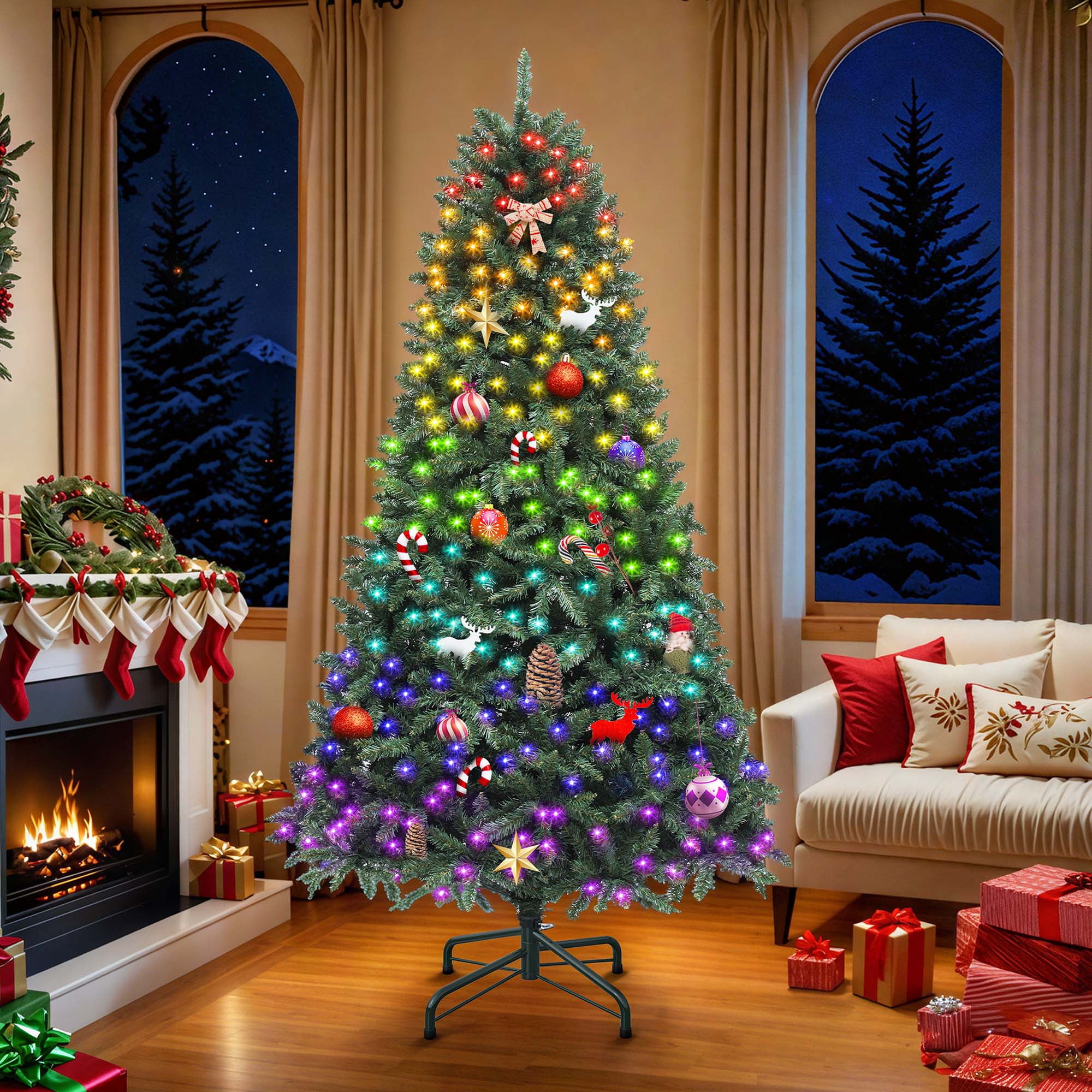 Uforic 6ft Pre-lit Spruce Hinged Artificial Christmas Tree with 1399 Tips & 300 LED Lights, Remote Control, Green