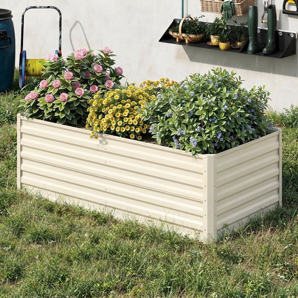 Uforic 6x3x2 Ft 1 Piece Galvanized Metal Raised Garden Bed Kit with Free Gloves Cream White