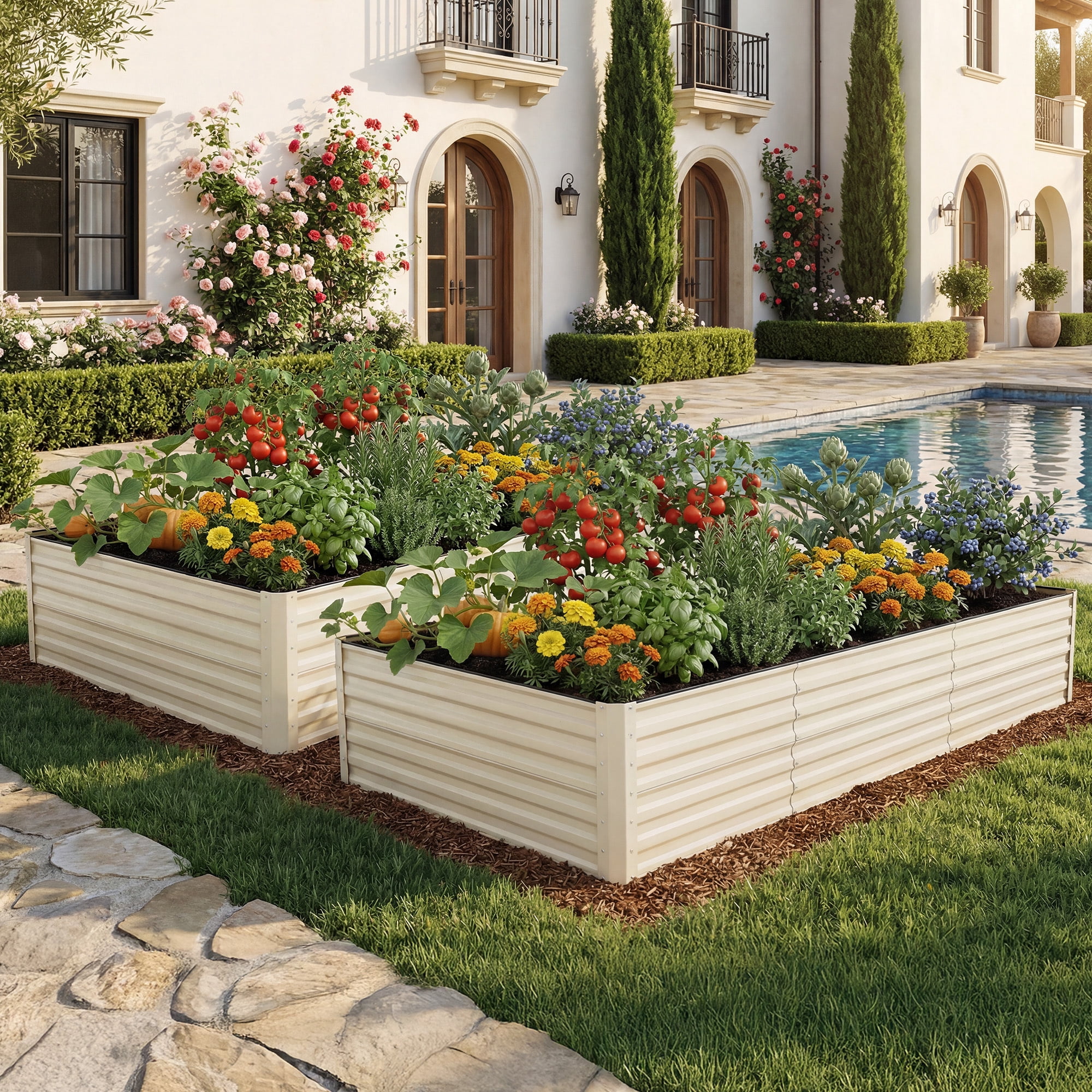 Uforic 6x3x2 Ft 2 Pieces Galvanized Metal Raised Garden Bed Kit with Free Gloves Cream White