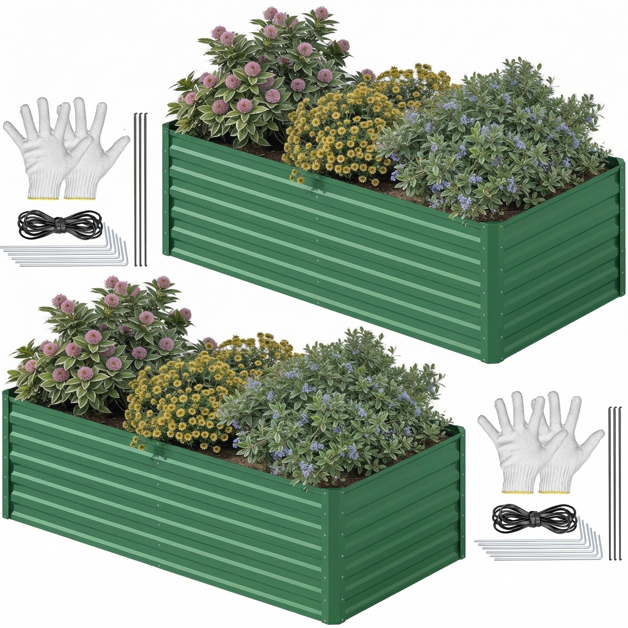 Uforic 6x3x2 ft 2-Pack Galvanized Raised Garden Bed Kit, Green Metal Planter Box with Gloves, Ground Nails & Support Rod, Outdoor Above Ground Planter for Vegetables, Flowers, Plants