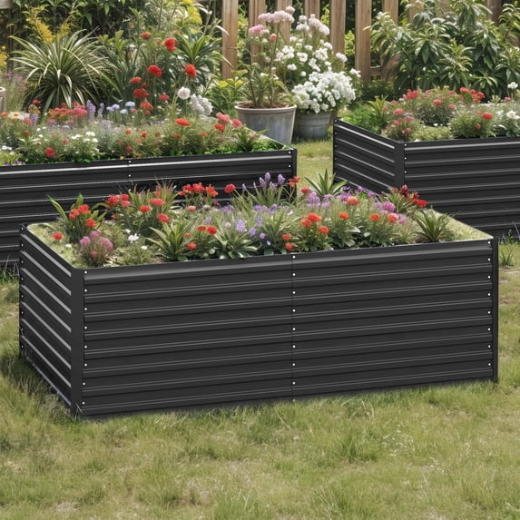 Uforic 6x3x2 ft Galvanized Raised Garden Bed Kit, Black Metal Planter Box with Gloves, Ground Nails & Support Rod, Outdoor Above Ground Planter for Vegetables, Flowers, Plants