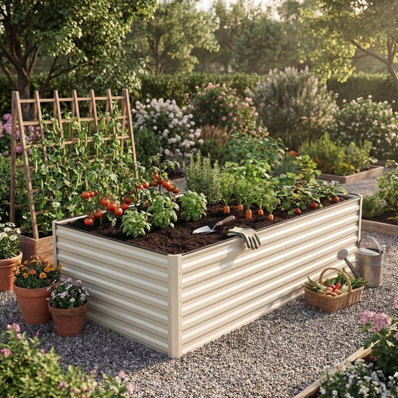 Uforic 6x3x2 ft Galvanized Raised Garden Bed Kit, Cream Metal Planter Box with Gloves, Ground Nails & Support Rod, Outdoor Above Ground Planter for Vegetables, Flowers, Plants