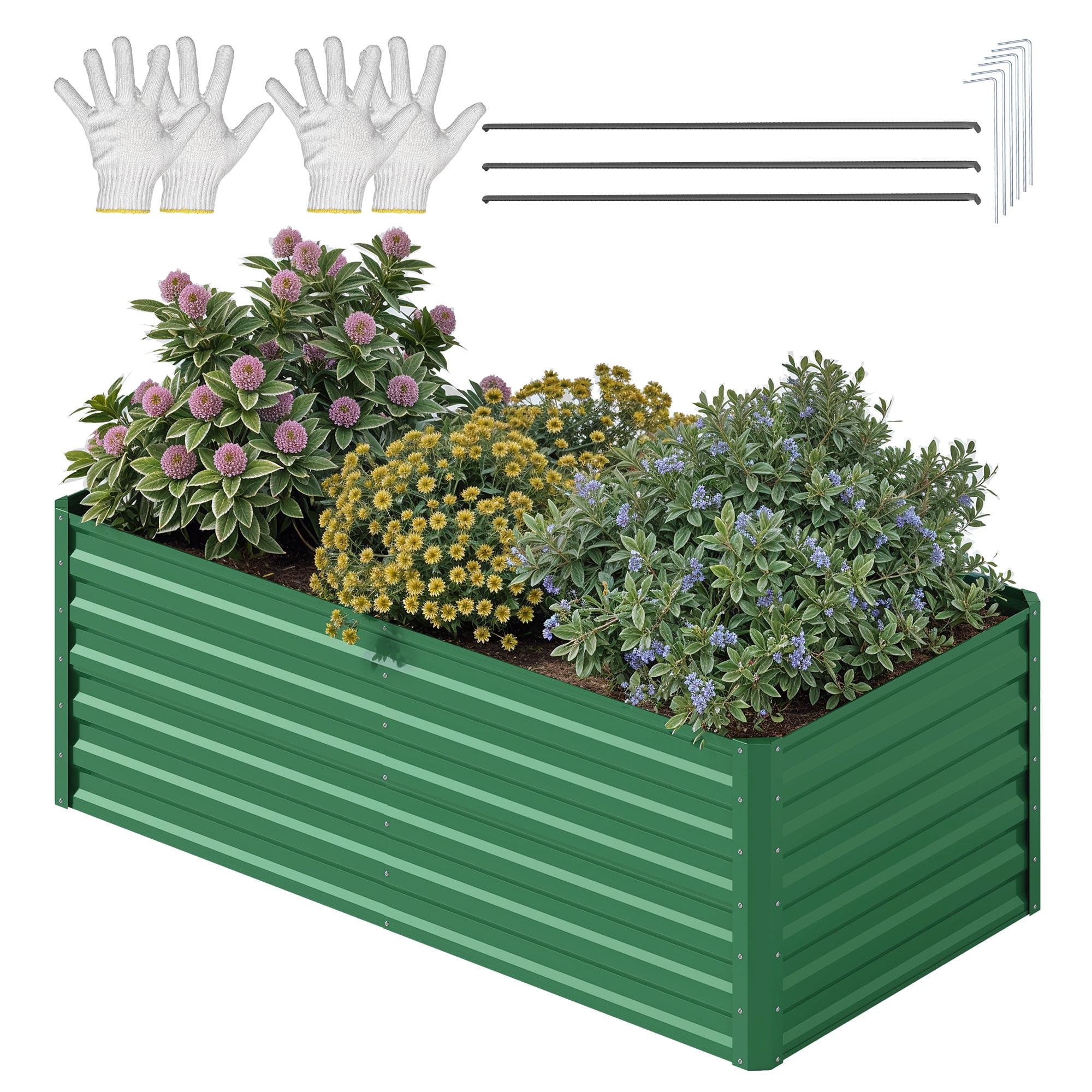 Uforic 6x3x2 ft Galvanized Raised Garden Bed Kit, Green Metal Planter Box with Gloves, Ground Nails & Support Rod, Outdoor Above Ground Planter for Vegetables, Flowers, Plants