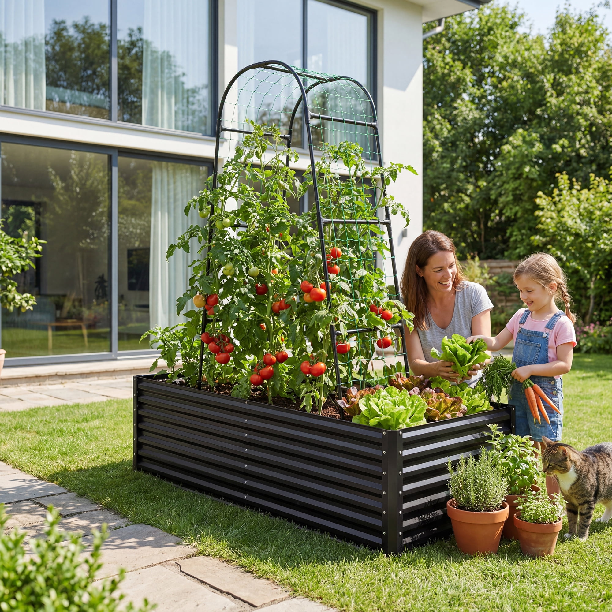 Uforic 6x3x2ft Galvanized Raised Garden Bed with Tall Arch Trellis, Outdoor Planter Box for Vegetables Flowers Black