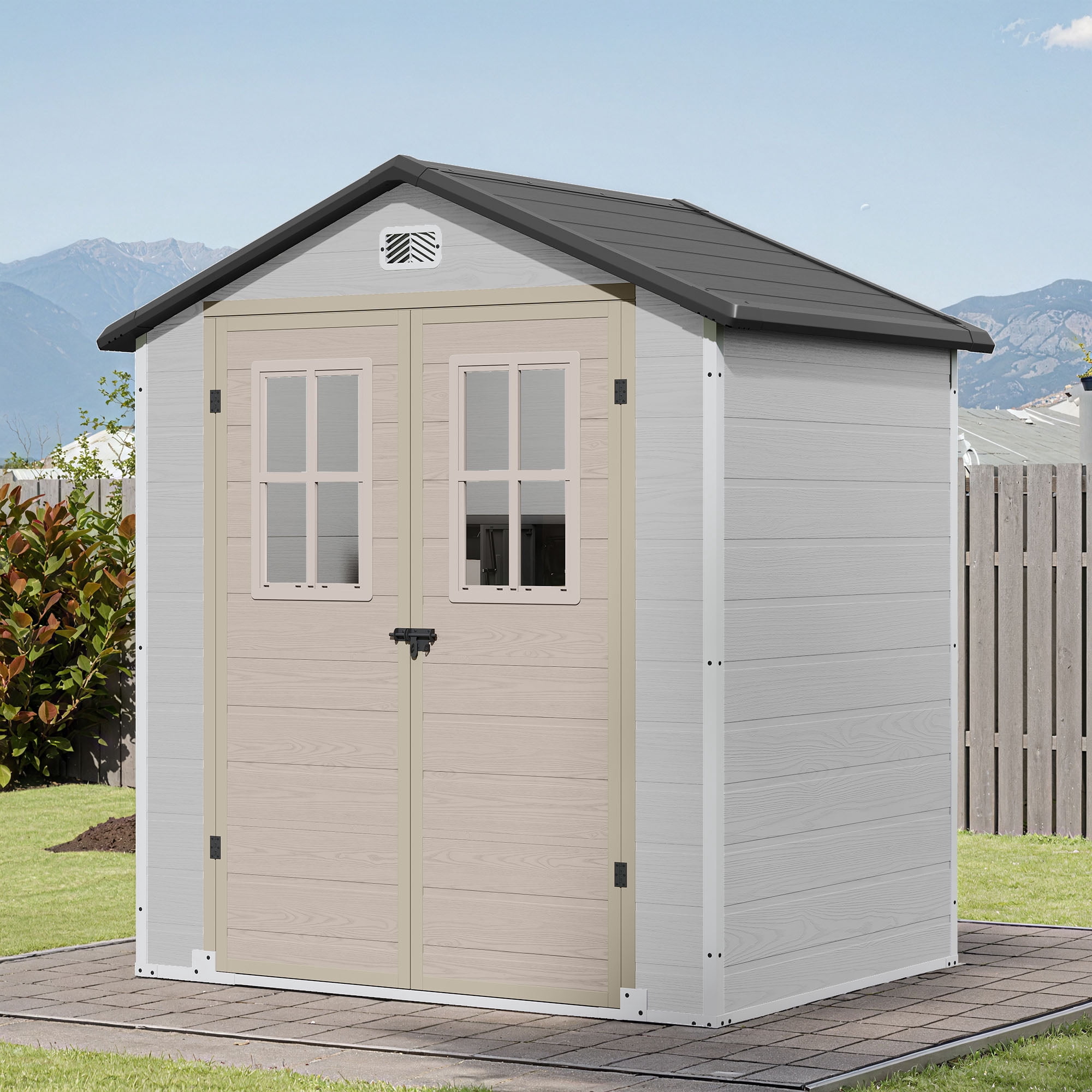 Uforic 6x4.4 FT Double-Wall Resin Outdoor Storage Shed, Plastic Garden Tool Shed with 2 Windows & Lockable Door, Waterproof Storage House for Lawn Mower, Backyard Patio Lawn, Greige & Gray