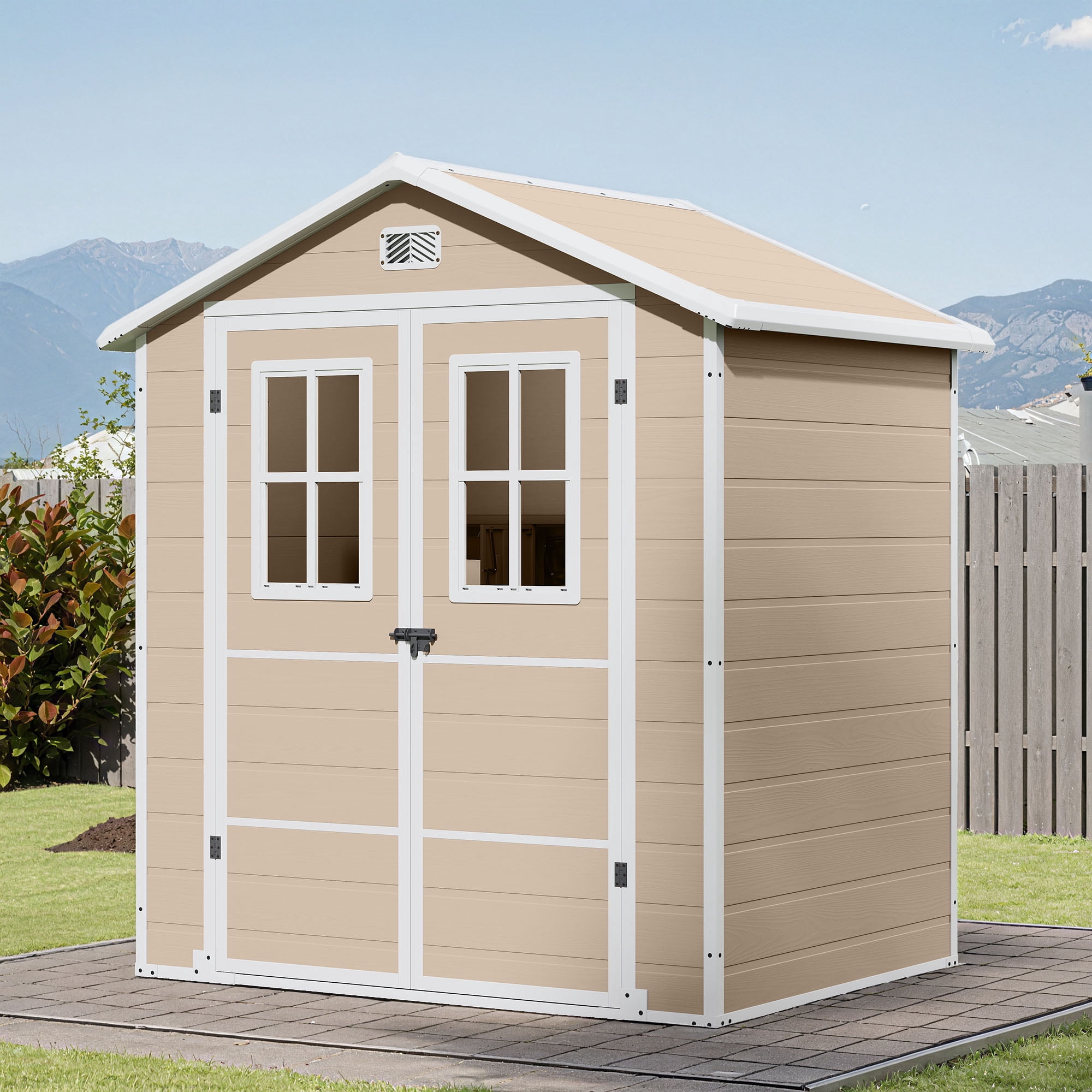 Uforic 6x4.4 FT Double-Wall Resin Outdoor Storage Shed, Plastic Garden Tool Shed with 2 Windows & Lockable Door, Waterproof Storage House for Lawn Mower, Backyard Patio Lawn, Greige & White