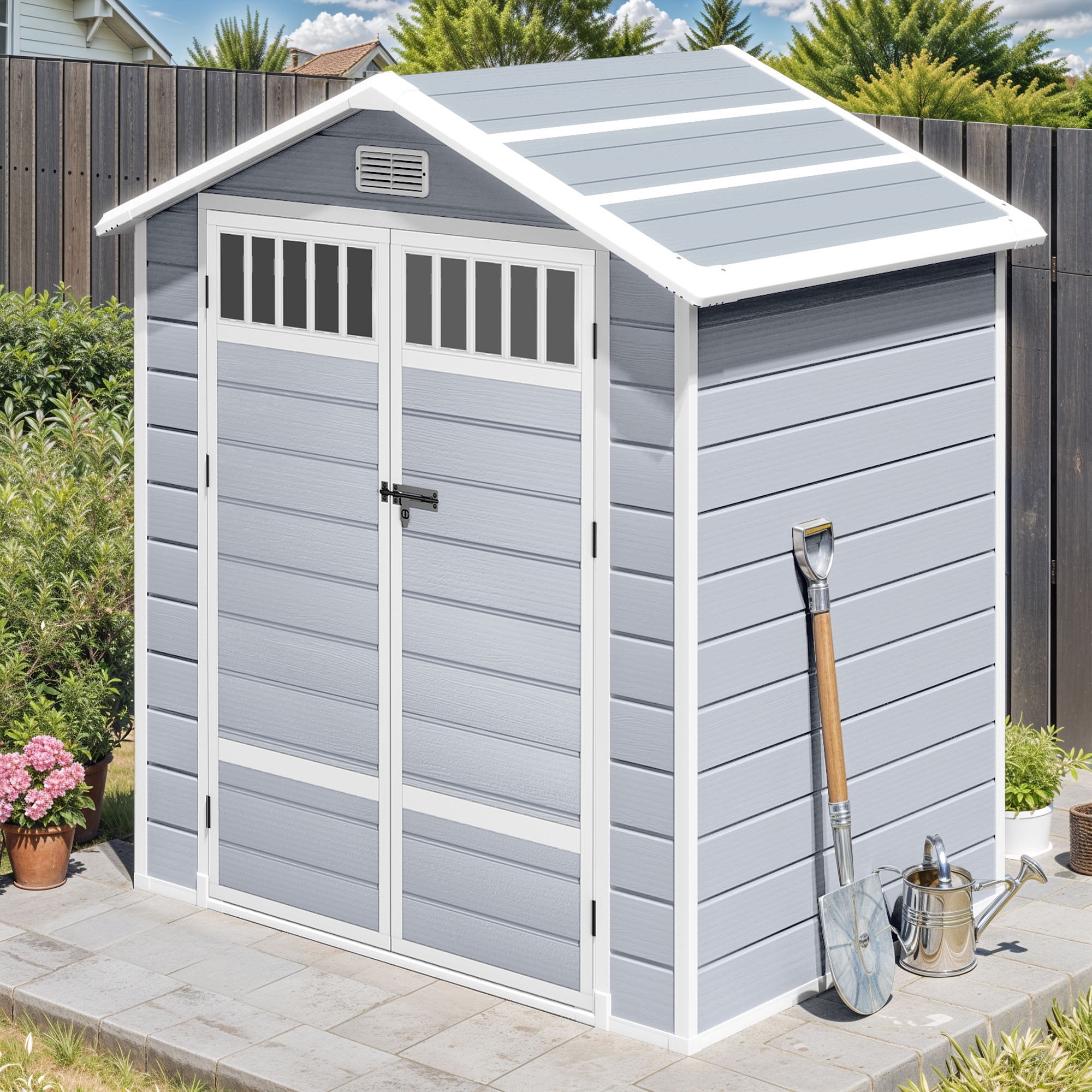 Uforic 6x4.4 FT Outdoor Storage Shed with Floor and Window, Large Storage Shed with Lockable Door, and Vents, Light Gray