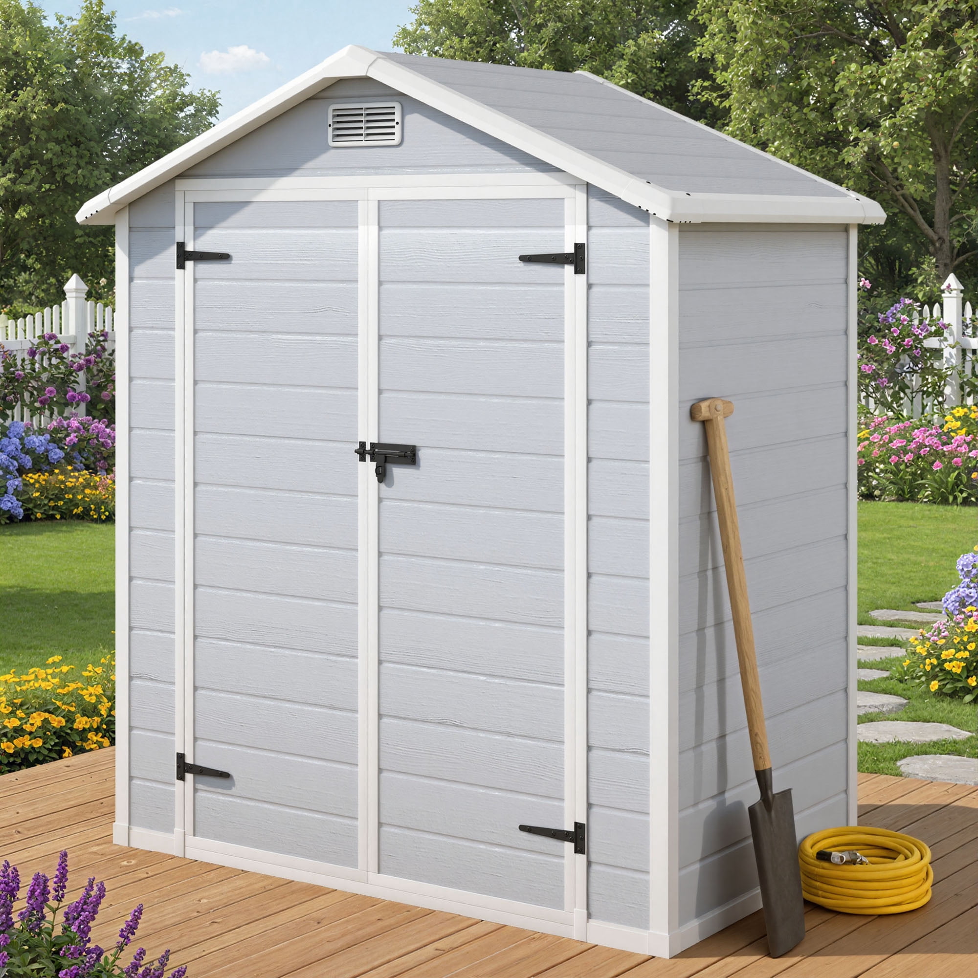 Uforic 6x4 FT Resin Storage Shed, Reinforced Floor, Lockable Door, Window & Vents, Waterproof for Garden Backyard Patio Lawn