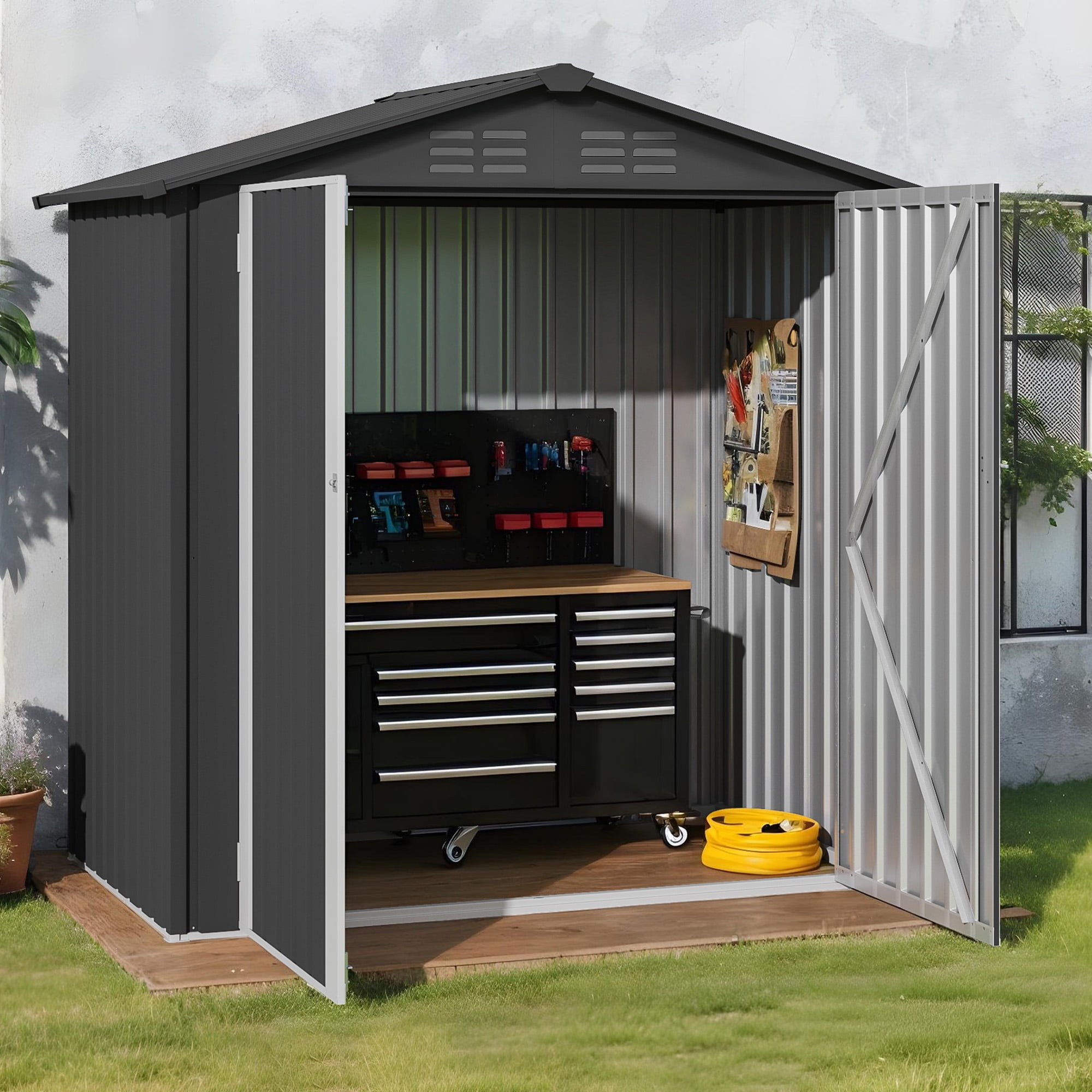 Uforic 6x4ft Heavy-Duty Metal Outdoor Storage Shed with Locking Doors & Air Vent Weather-Resistant Tool Shed for Backyard, Patio, Lawn, Tools