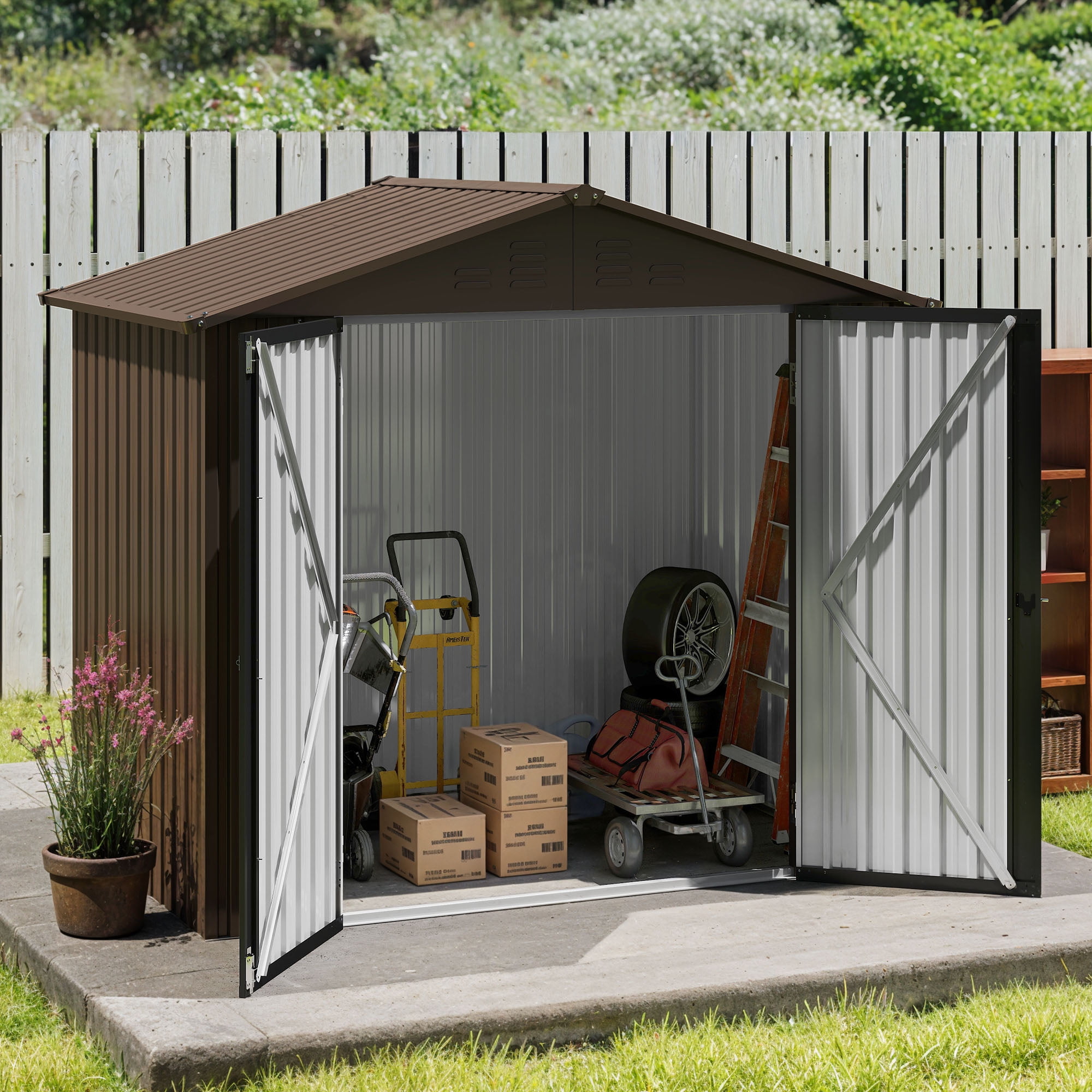 Uforic 6x4ft Metal Outdoor Storage Shed, Lockable and Waterproof with Gable Roof & Vents, Brown