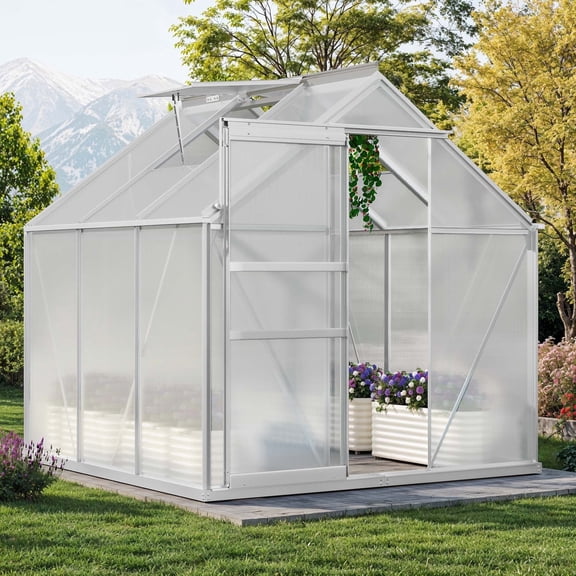 Uforic 6x6FT Polycarbonate Greenhouse Heavy Duty Green Houses Outdoor Aluminum Greenhouses with Sliding Doors Vent Window Premium Walk-in Greenhouse Large Sun House for Garden Backyard, Matte Sliver