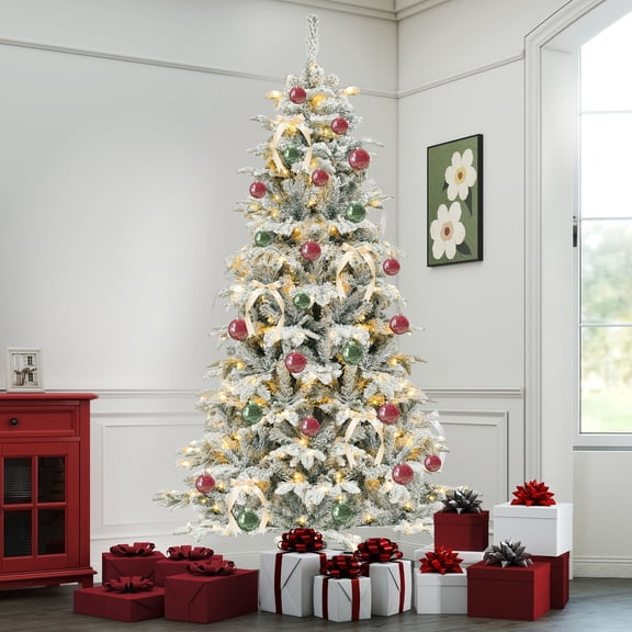 Uforic 7.5 FT Pre-lit Snow Flocked Artificial Christmas Tree with 1010 PE & PVC Mixed Tips & 450 Lights,11 Light Modes, White Flocked
