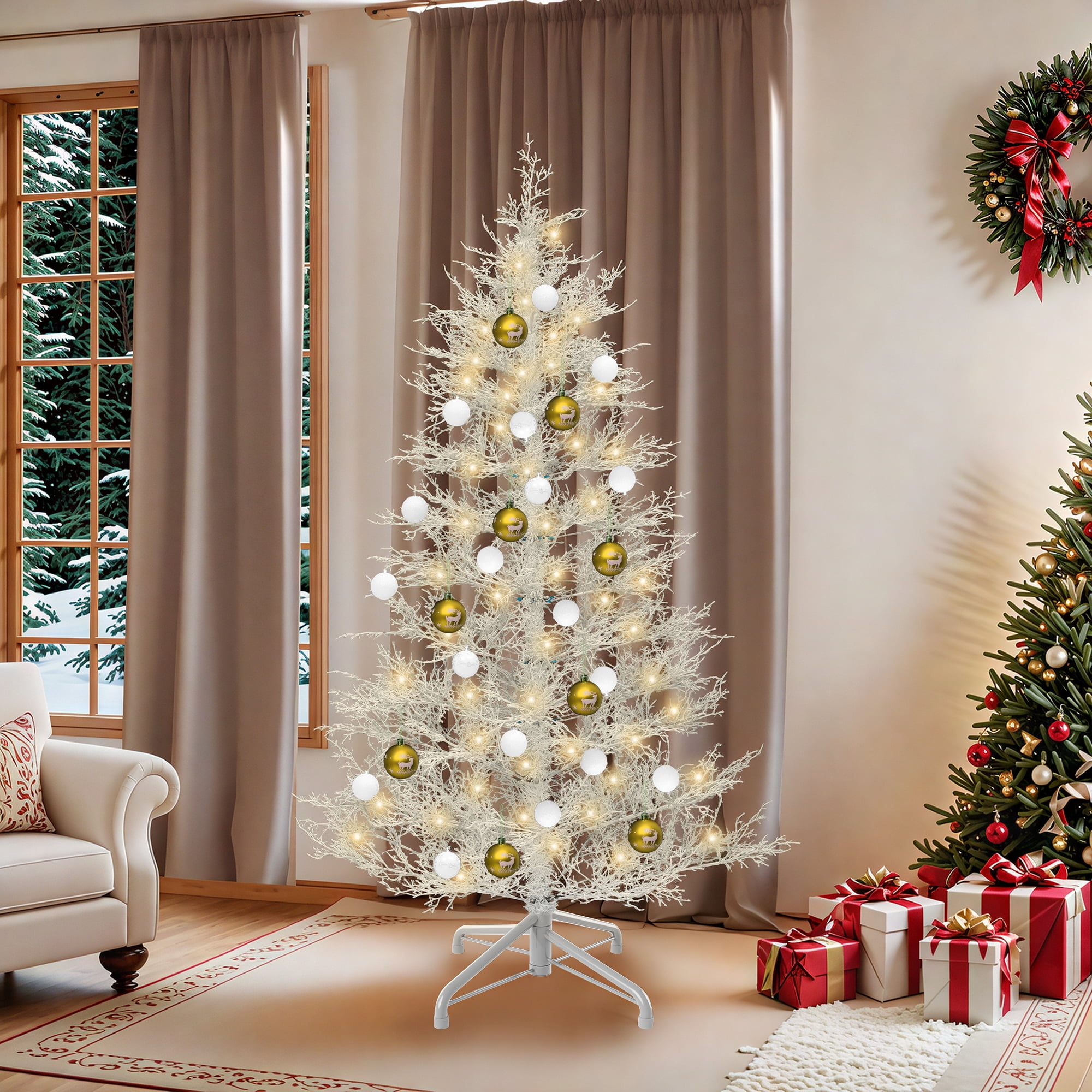 Uforic 7.5 ft Pre-Lit Artificial Christmas Tree with 650 PE Tips and 400 Lights, Remote Control, White