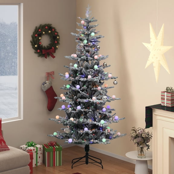 Uforic 7.5 ft Pre-lit Flocked Layered Christmas Tree with 1734 PE&PVC Tips & 350 Lights,11 Light Modes, White Flocked