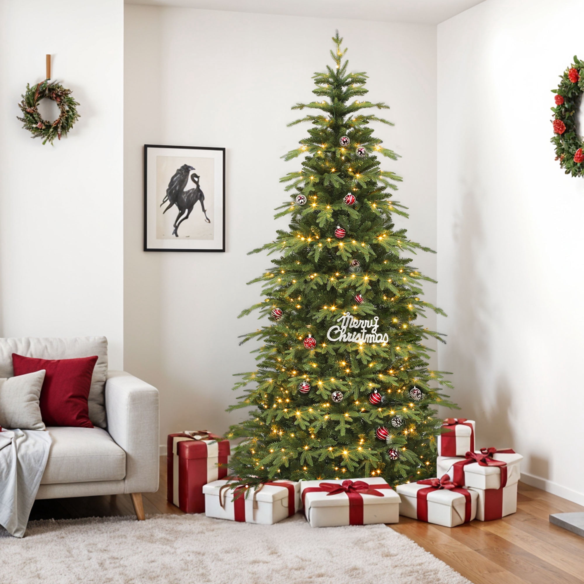 Uforic 7.5 ft Pre-lit Slim Pencil Artificial Christmas Tree with 2199 PE&PVC Tips & 400 Lights,11 Light Modes, Green