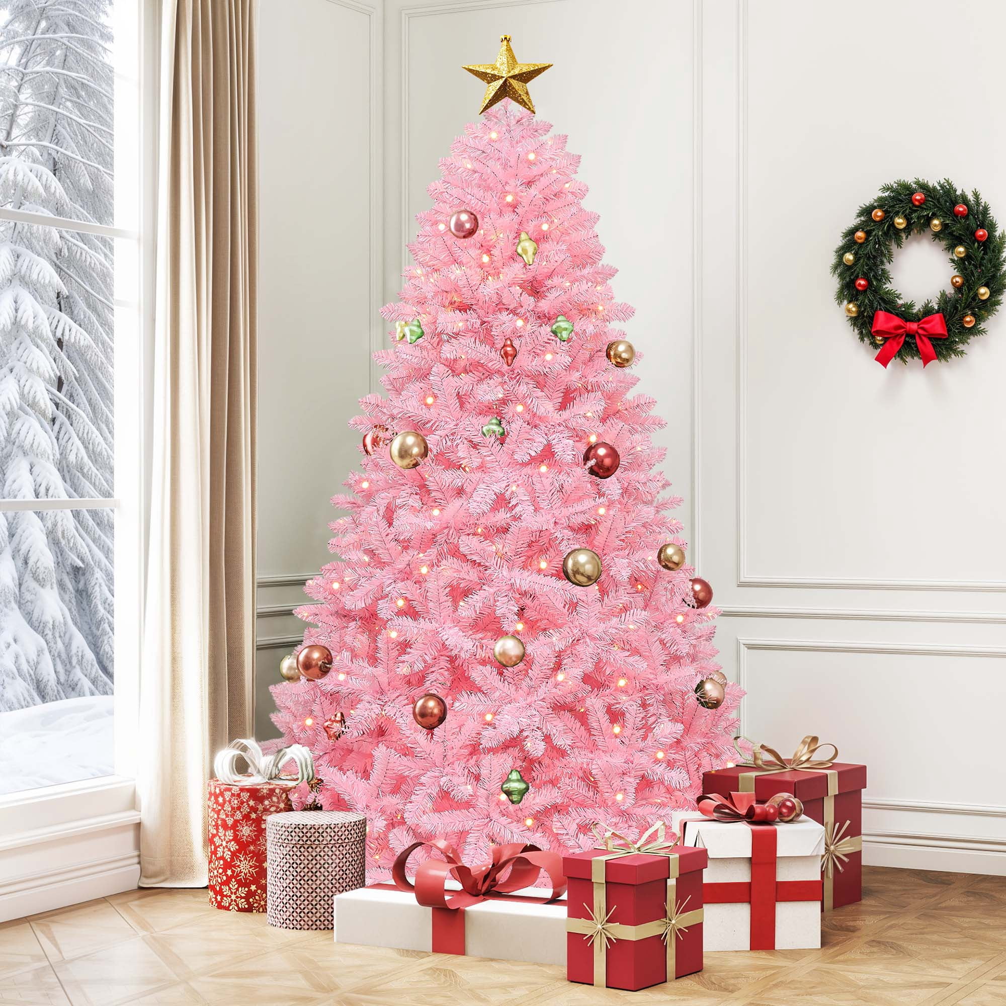 Uforic 7.5 ft Pre-lit Spruce Artificial Christmas Tree with 1350 PVC Tips & 550 Warm-White Lights, Pink