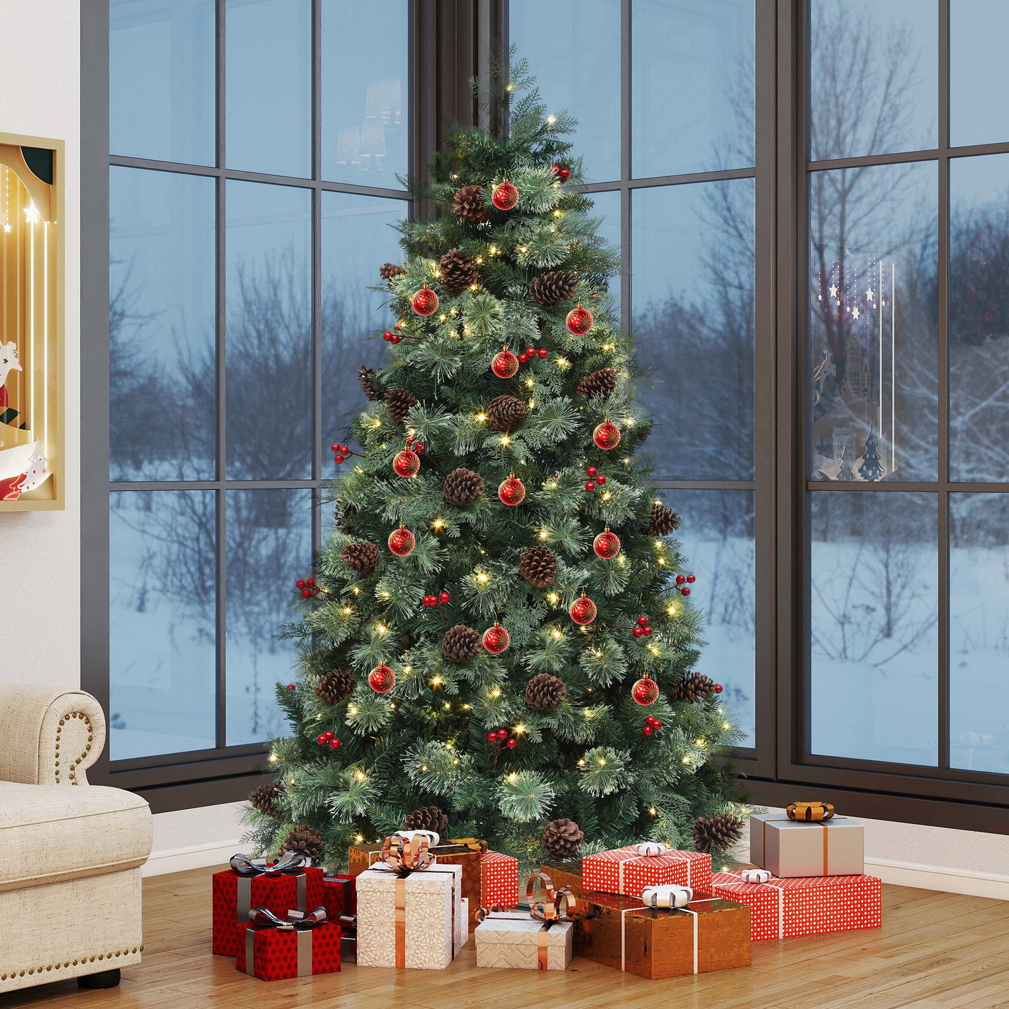 Uforic 7.5 ft Prelit Artificial Carolina Pine Christmas Tree with 1200 Tips & 400 Lights, Remote Control, Green