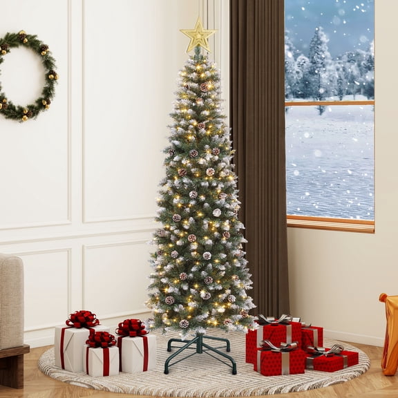 Uforic 7.5 ft Prelit Flocked Artificial Christmas Tree with 1075 Tips & 350 Warm-white Lights, Remote Control, Green