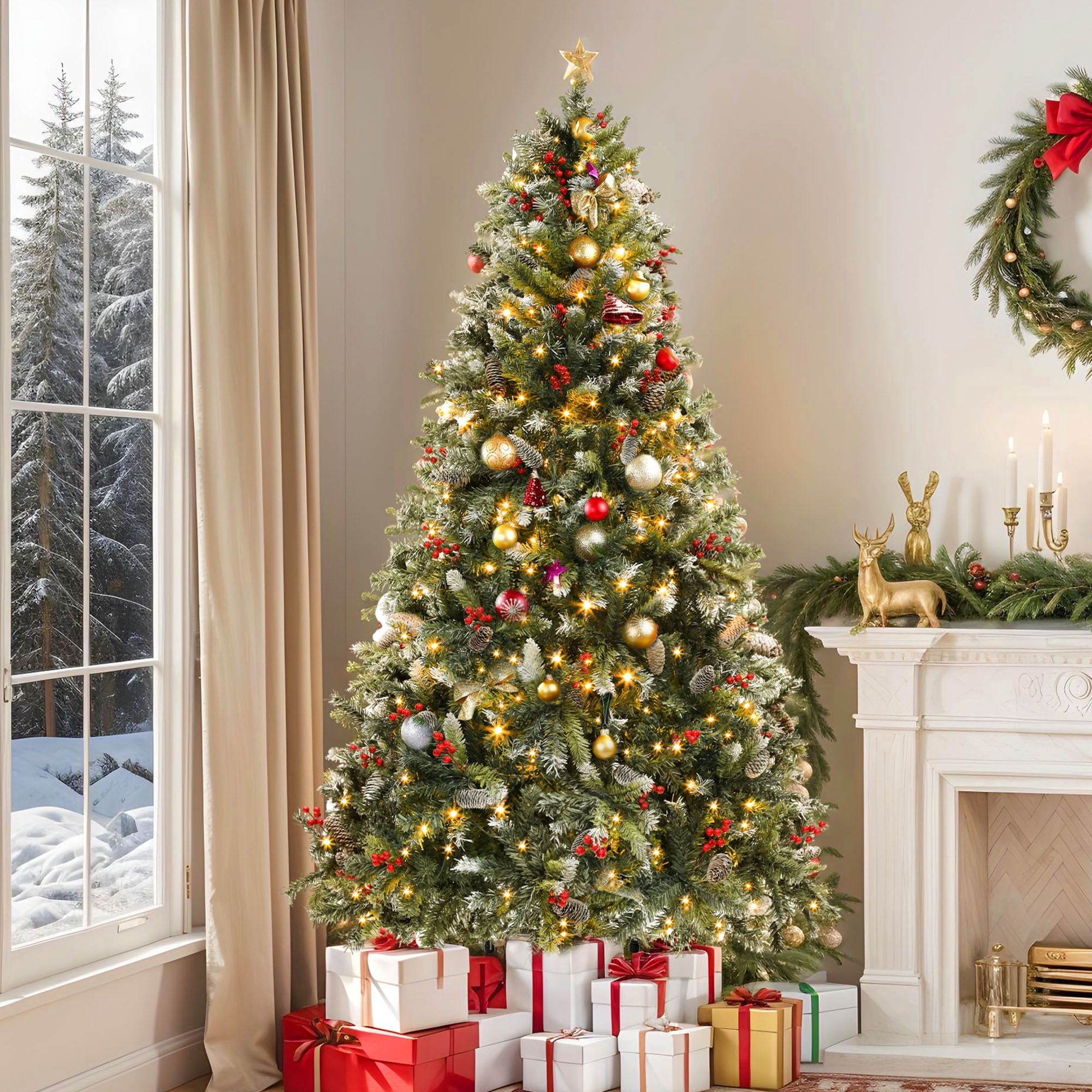 Uforic 7.5 ft Prelit Flocked Pine Artificial Christmas Tree with 1398 Tips & 550 Lights, Remote Control, Green