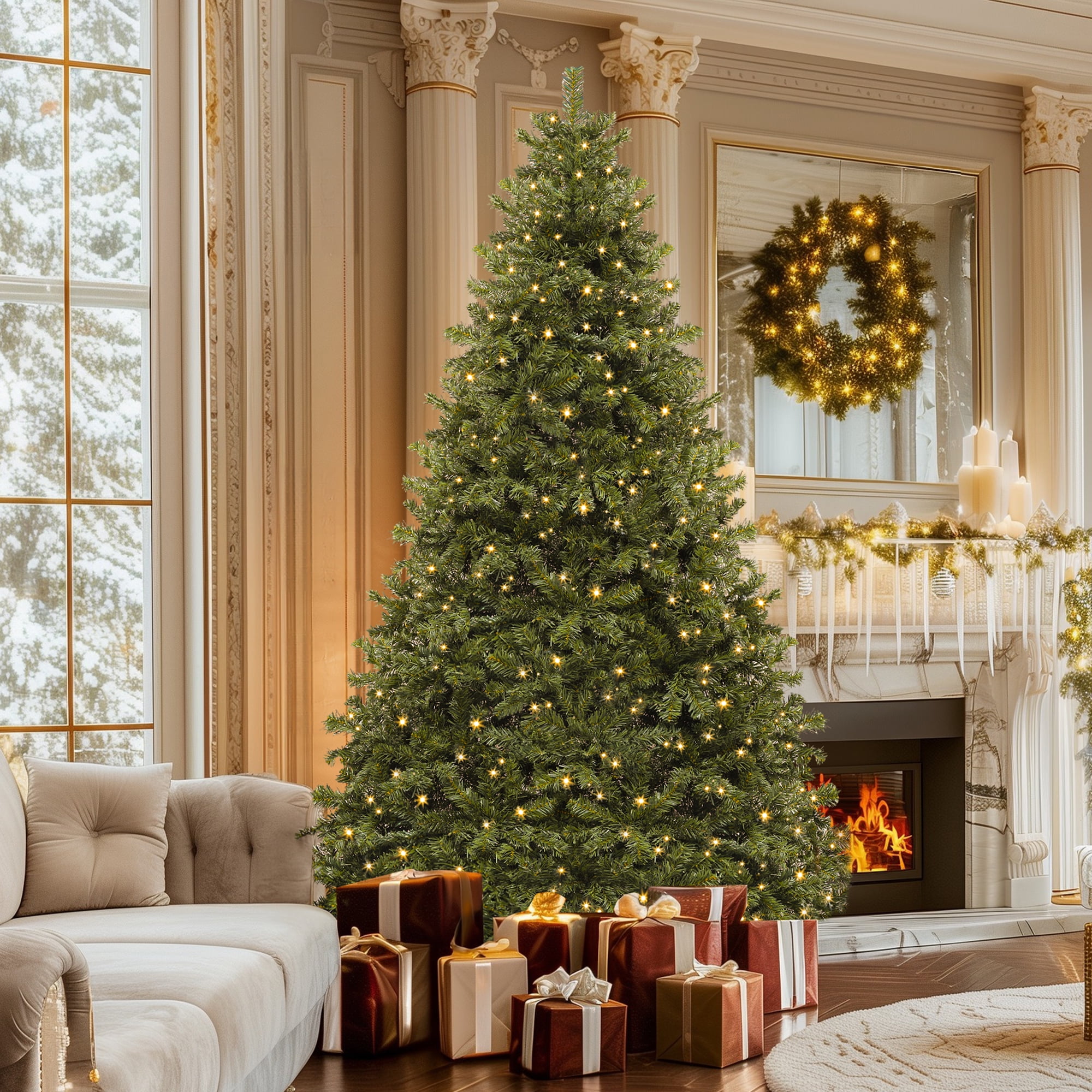 Uforic 7.5ft Pre-Lit Artificial Christmas Tree,Holiday Decoration Christmas Tree with 1346 Branch Tips, 550 Warm Lights, for Home, Office, and Party, Green
