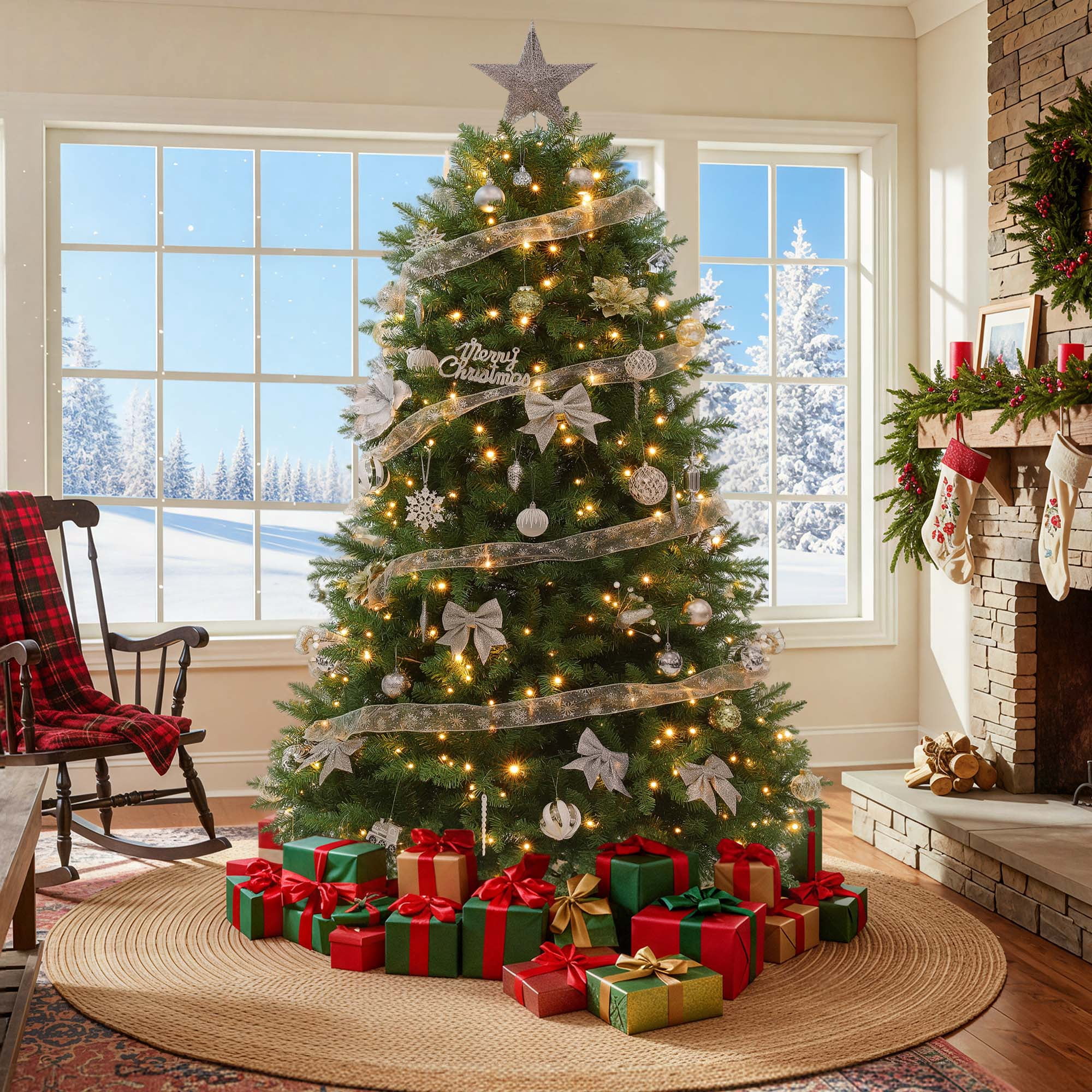 Uforic 7.5ft Pre-Lit Artificial Christmas Tree with 2514 Branch Tips&750 Lights,  11 Light-Modes, Remote Control, Green