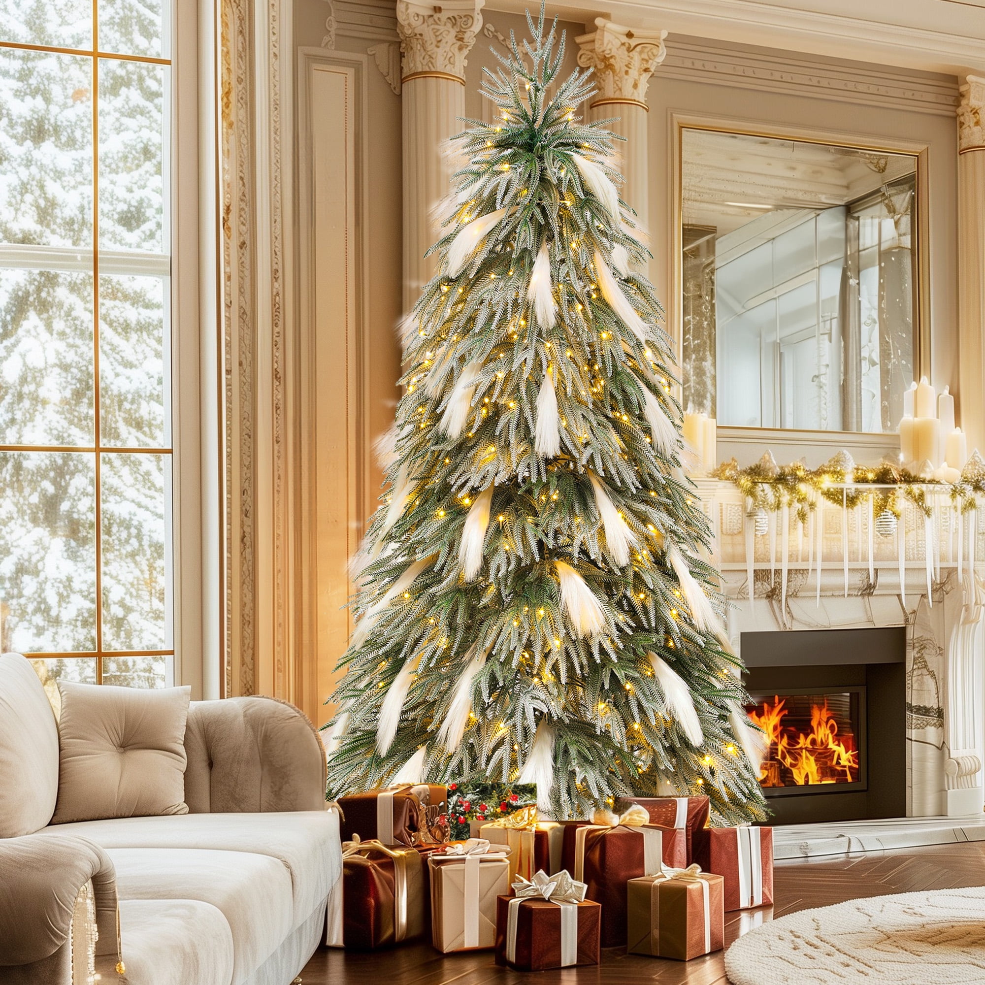 Uforic 7.5ft Pre-Lit Flocked Drooping Pampas Christmas Tree with 558 Branch Tips and 600 Lights