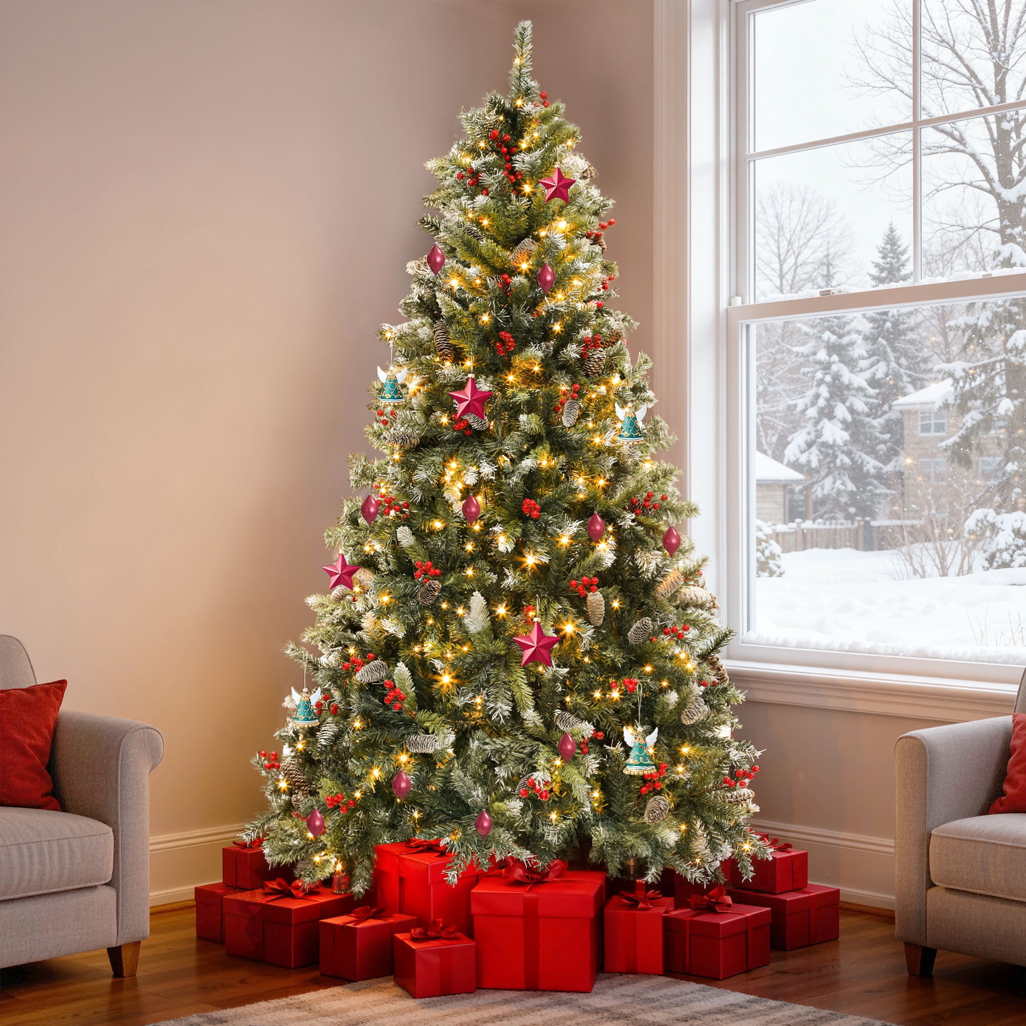 Uforic 7.5ft Pre-Lit Pine Artificial Christmas Tree with 1398 Branch Tips & 550 Lights,  82 Pine Cones & 82 Red Berries, Remote Control, Green