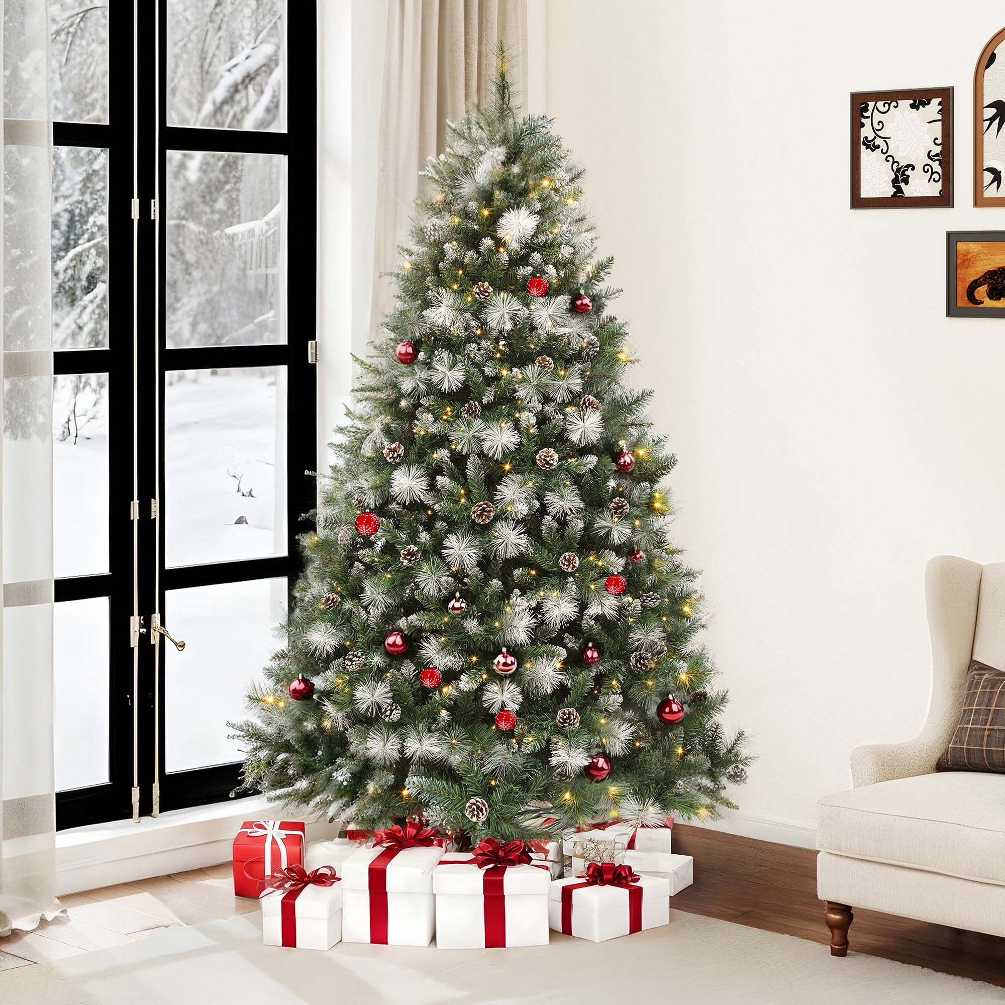 Uforic 7.5ft Pre-lit  Artificial Christmas Tree with 1399 Branch Tips & 750 Lights, Pre-Decorated Scotch Pine Christmas Tree with Remote, 11 Light Modes, 77 Pine Cones, Green