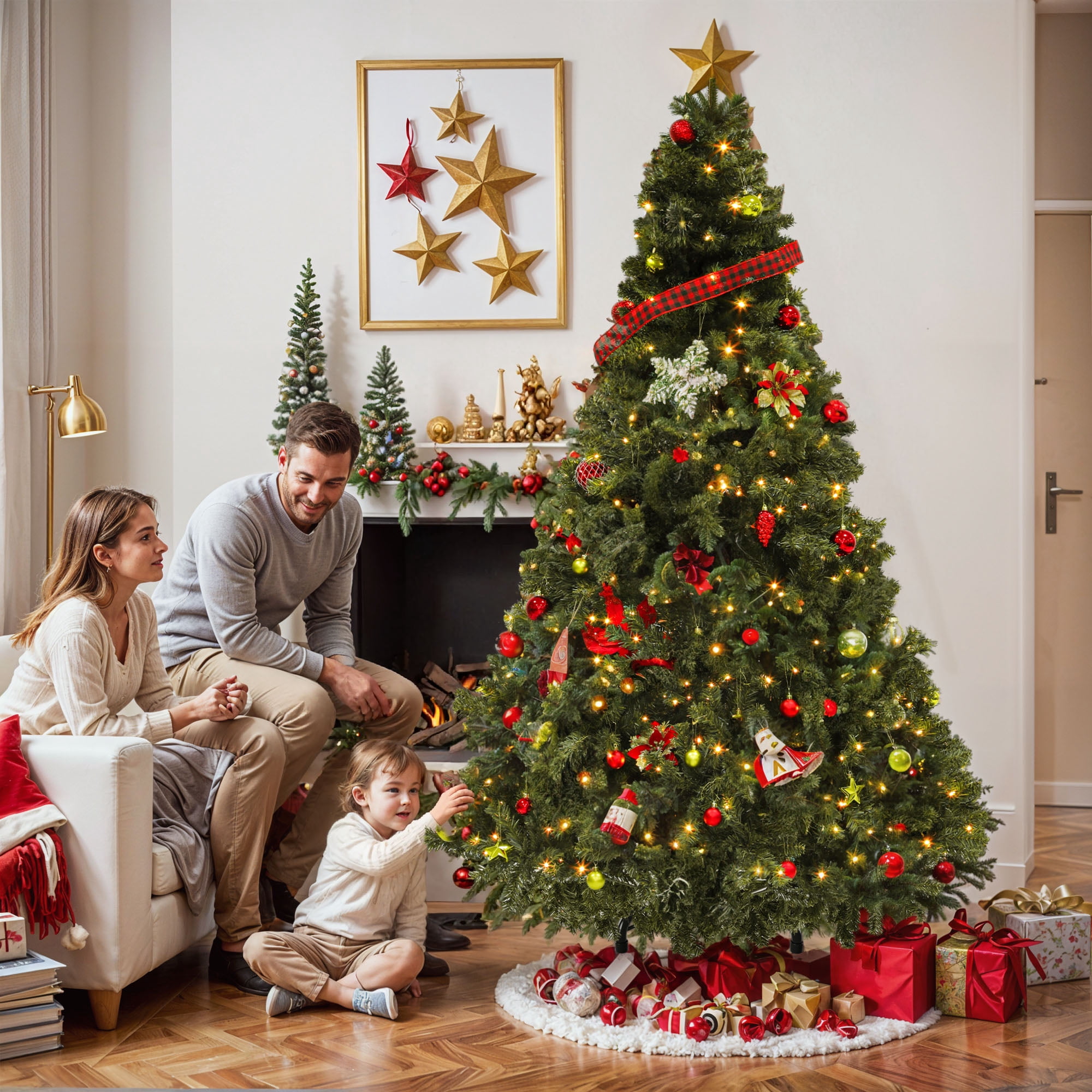 Uforic 7.5ft Pre-lit Hinged Spruce Artificial Christmas Tree with 1450 Branch Tips & 550 Lights, Remote Control, 11 Light Modes, Green
