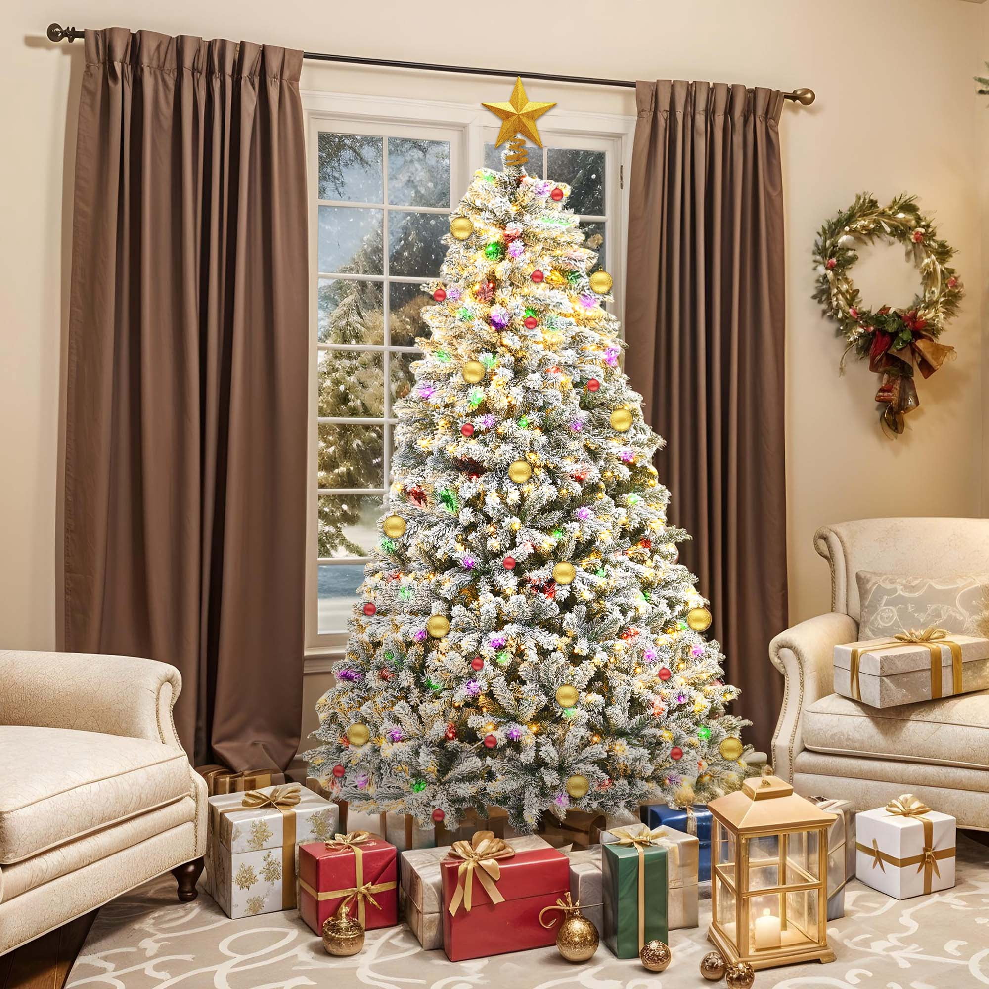 Uforic 7.5ft Pre-lit Snow Flocked Christmas Tree with 1450 Branch Tips & 550 Lights, Christmas Pine Tree with Remote, 11 Light Modes,Green