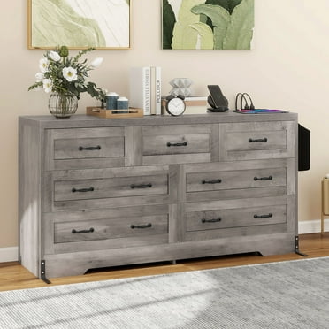 Uforic 7-Drawer Double Dresser Storage Cabinet with Power Outlets, Wood Chest of Drawers, Gray