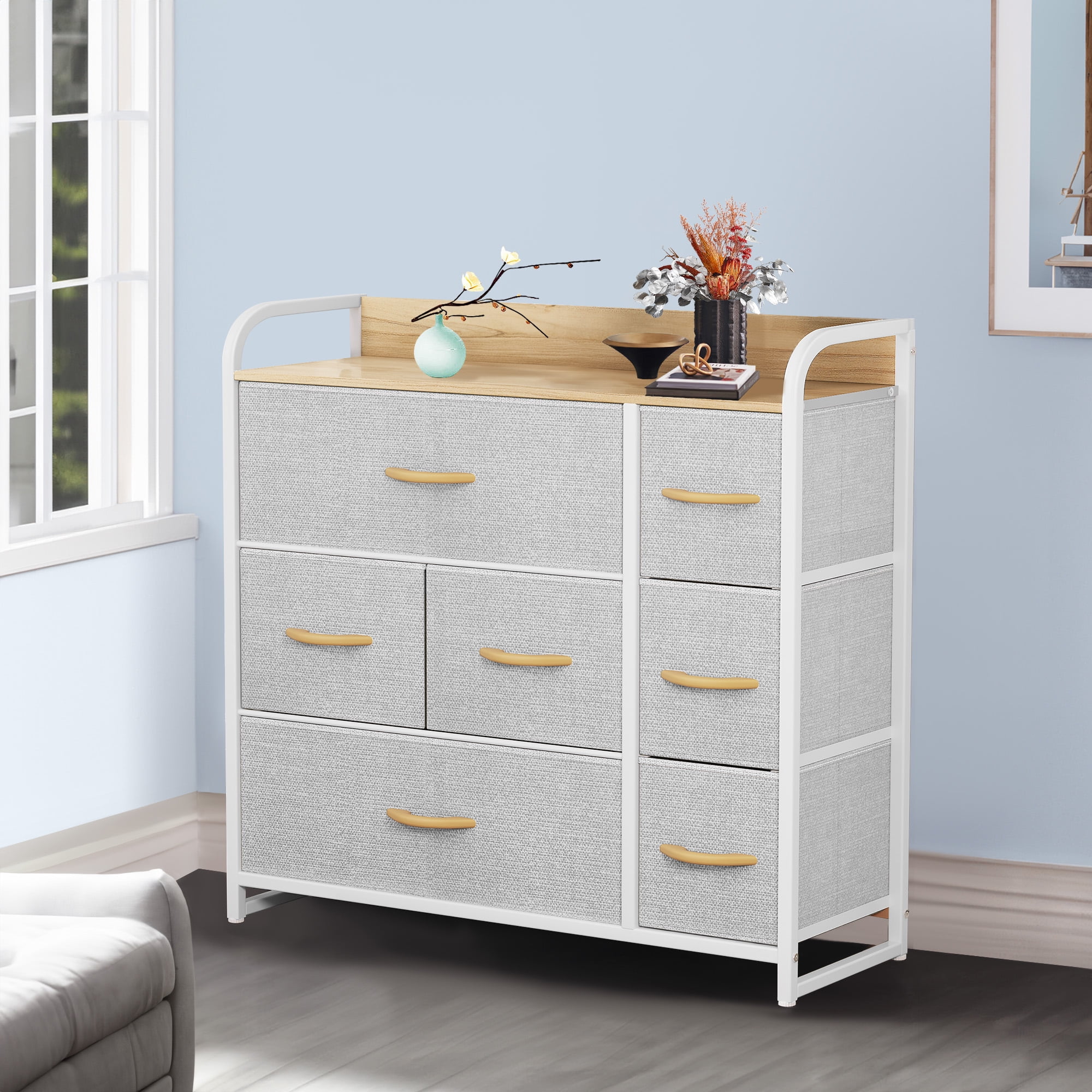 Uforic 7 Drawer Fabric Dresser with Metal Frame and Wooden Top for ...