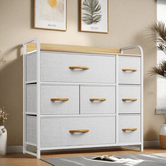 Uforic 7 Drawer Dressers Fabric Storage Tower for Bedrooms with Robust Metal Frame, Wooden Surface and Easy Pull Fabric Bins