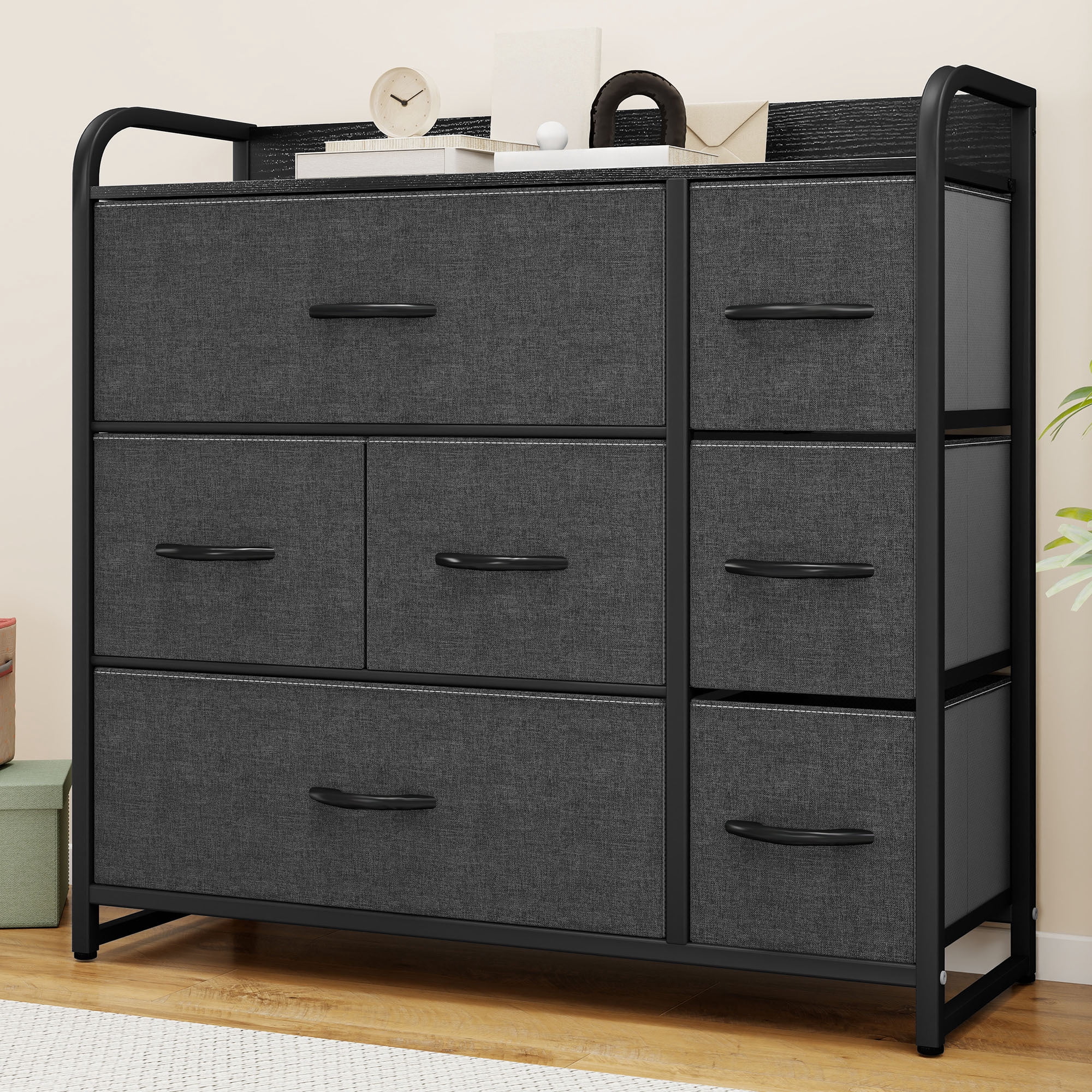 Uforic 7 Drawer Storage Fabric Dresser with Sturdy Steel Frame and Wooden Top, Foldable Easy Pull Fabric Bins, for Living Room, Bedroom, Closet, Entryway, Black
