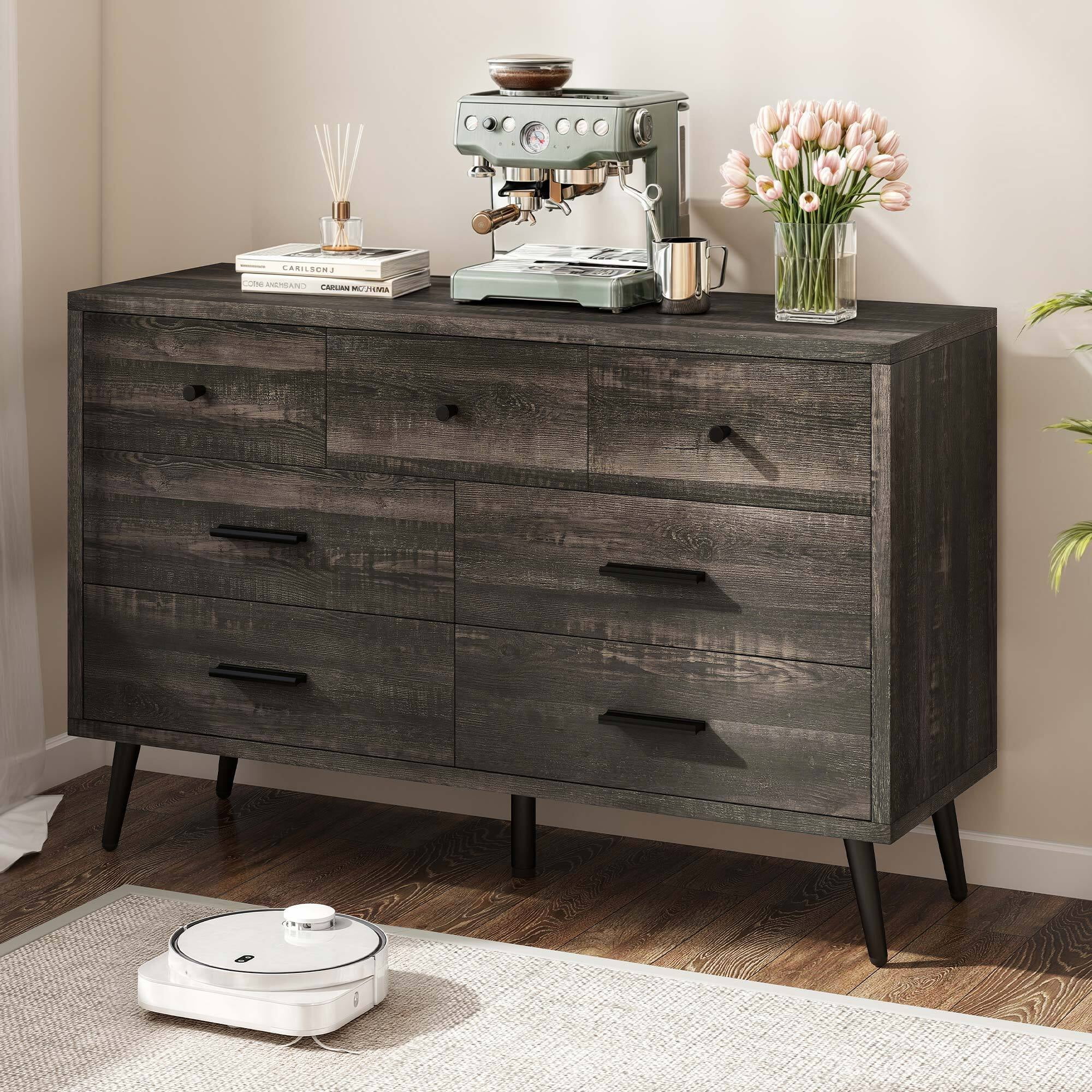 Uforic 7 Drawers Double Dresser, Wood Storage Cabinet Chest of Drawer, Dark Oak