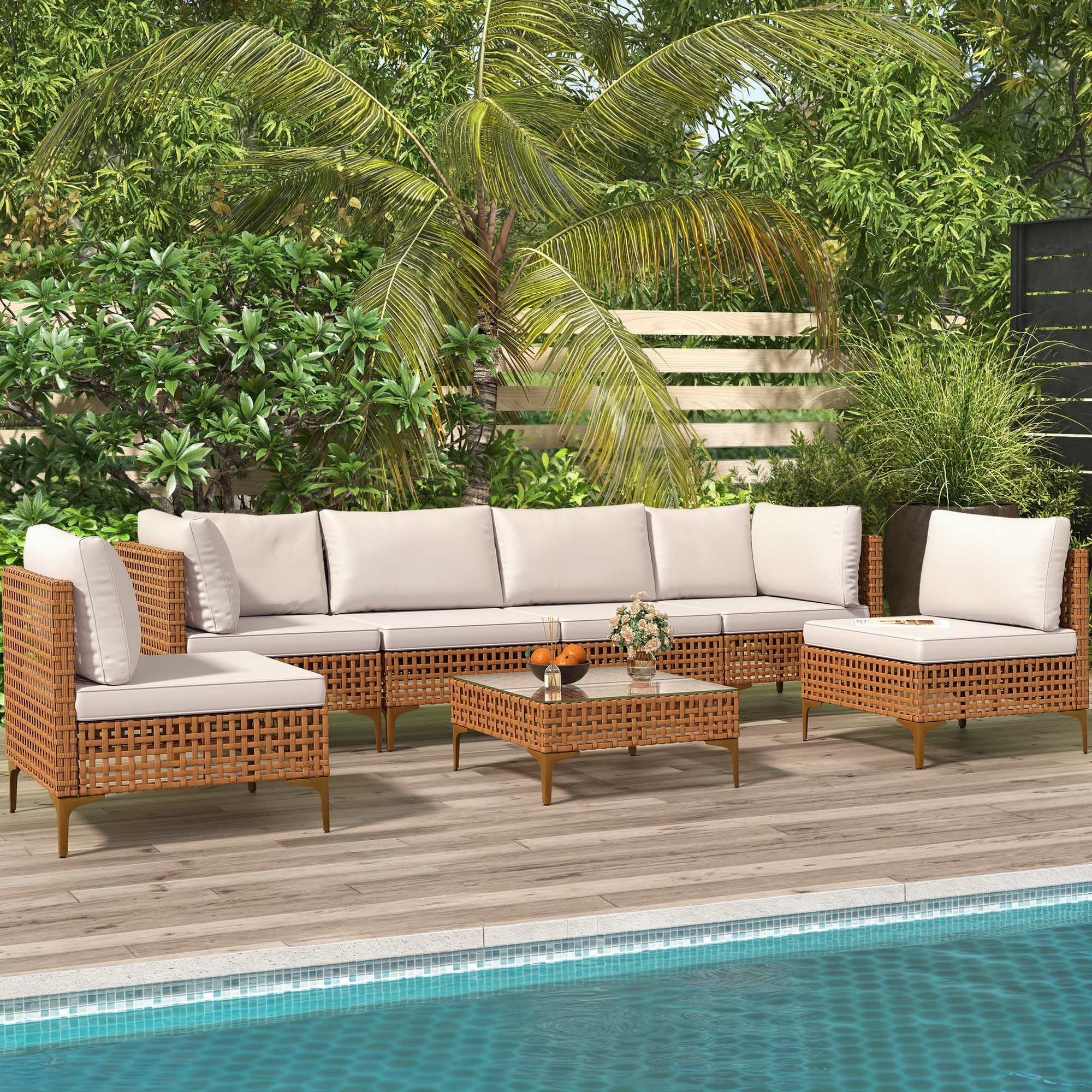 Uforic 7-Piece Outdoor Patio Furniture Set, PE Wicker Sectional Sofa Couch Patio Conversation Set for Outdoor Sectional Sofa with Coffee Table & Beige Cushions
