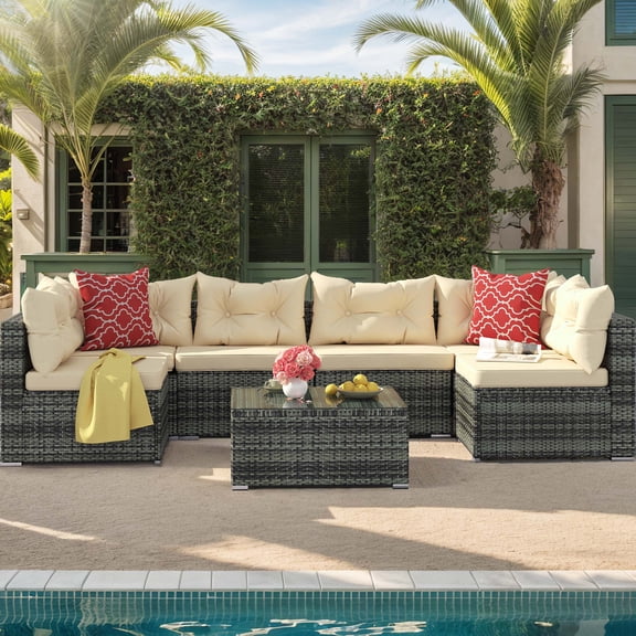 Uforic 7 Piece Rattan Sectional Sofa Set, Outdoor Conversation Set, All-Weather Wicker Sectional Seating Group with Cushions & Coffee Table, Patio Furniture Couch Set - Beige