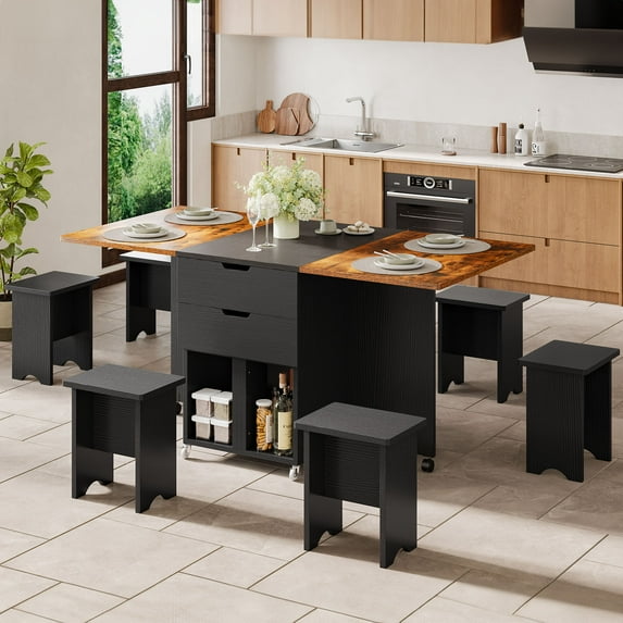 Uforic 7 Pieces Folding Dining Table Set with 6 Chairs, 67'' Drop Leaf Table Set with Storage Racks & Wheels,Multifunction Table Extension Dinner Table Set for 6 Peoples for Small Space, Brown