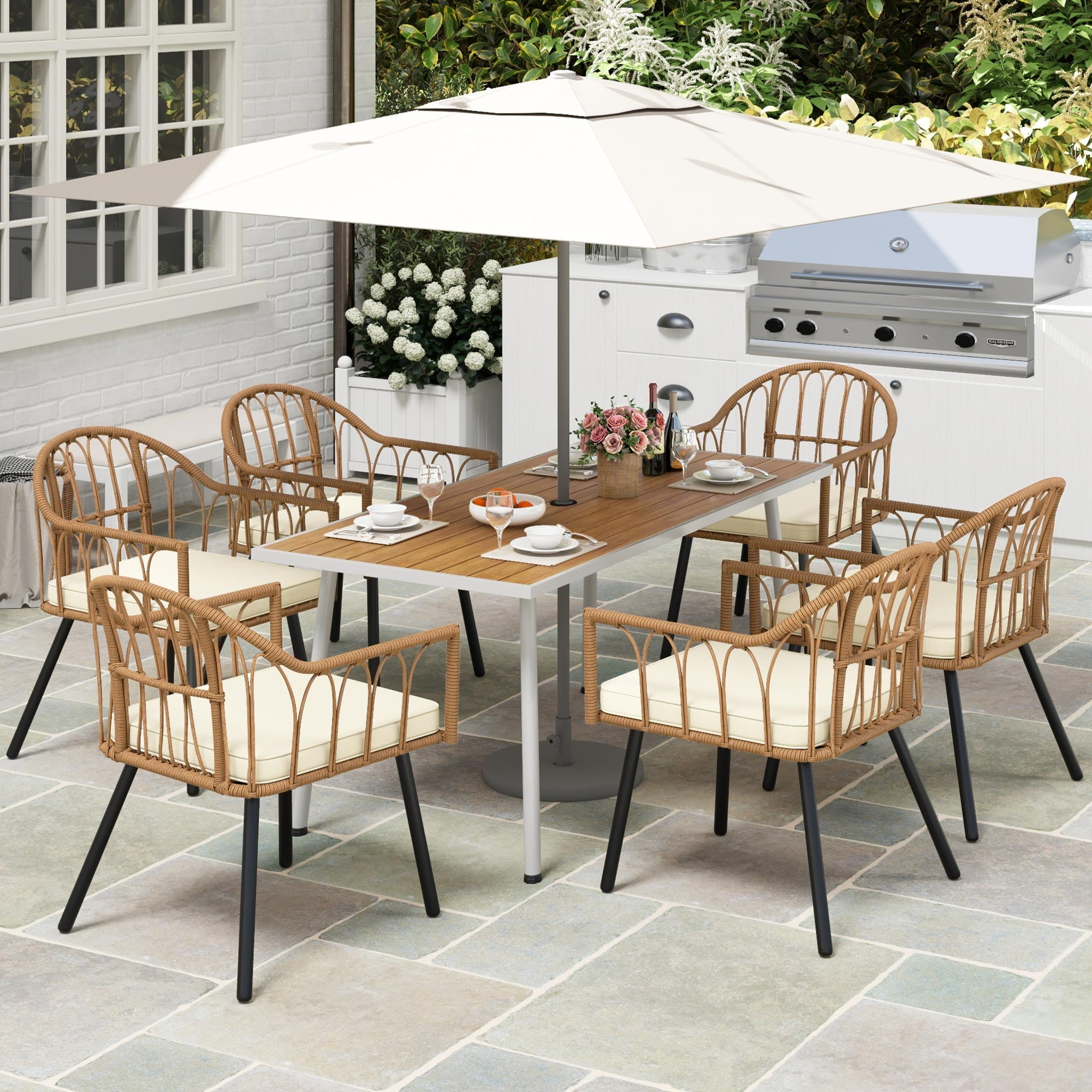 Uforic 7 Pieces Outdoor Patio Dining Table Set, 6 Rattan Wicker Dining Chair and Rectangular Dining Table with Umbrella Hole for Garden, Lawn,Patios, Backyard