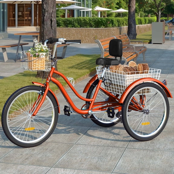 Uforic 7-Speed 26-Inch Tricycle, 3-Wheel Adult Cruiser Bike, Low Step-Through Design with Front and Rear Baskets, Large Adjustable Seat with Backrest for Seniors, Women, and Men (Orange)